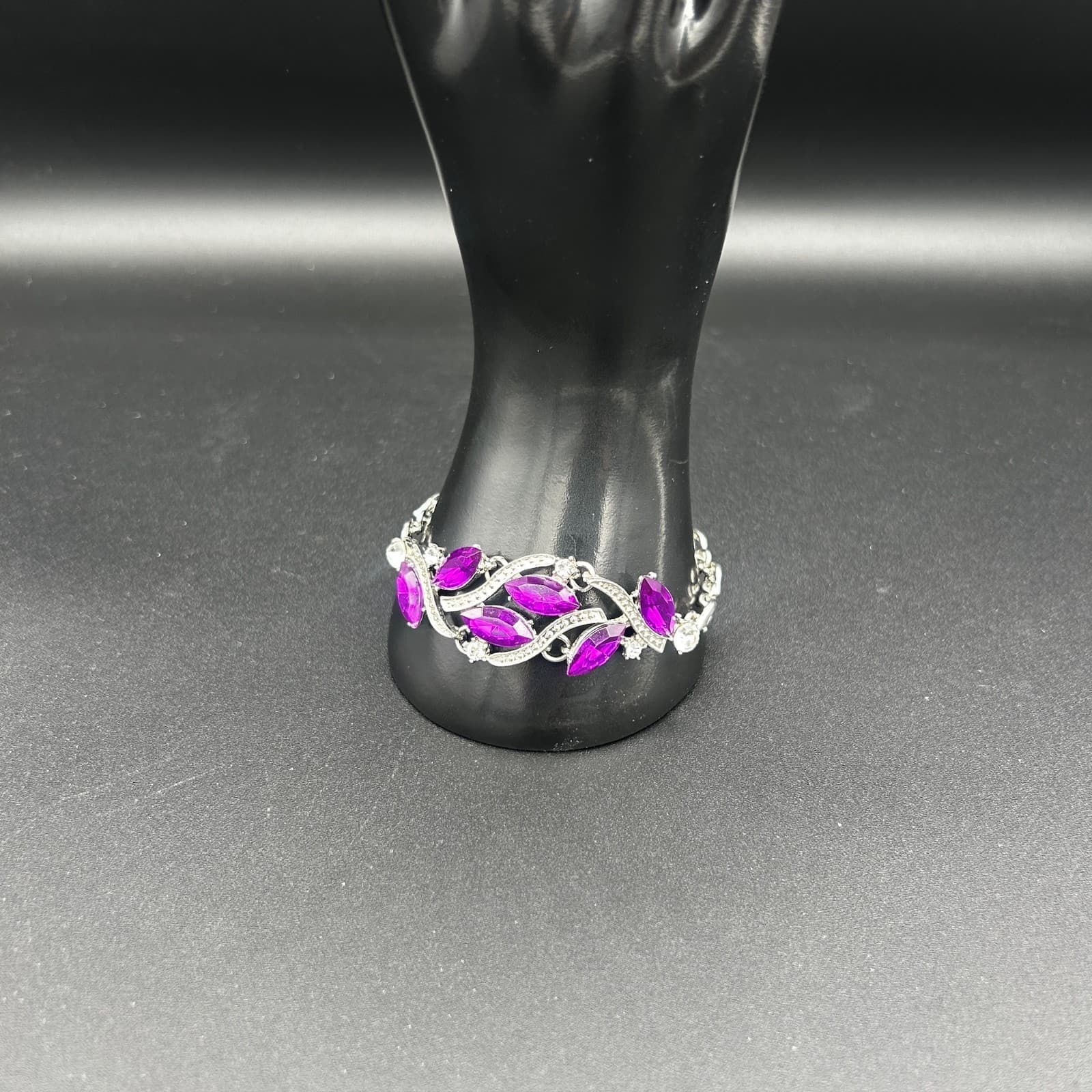 Vintage Silver Rhinestone Bracelet Purple Marquise Crystals 7.75in - Image 1