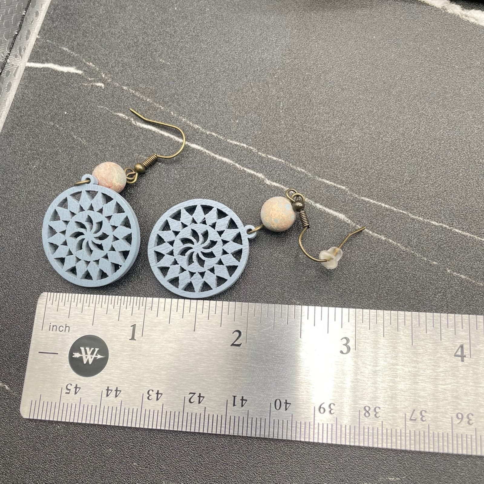 Vintage Blue Wooden Circle Clay Gold-Tone Floral Mandala Dangle Earrings - Thumbnail 7