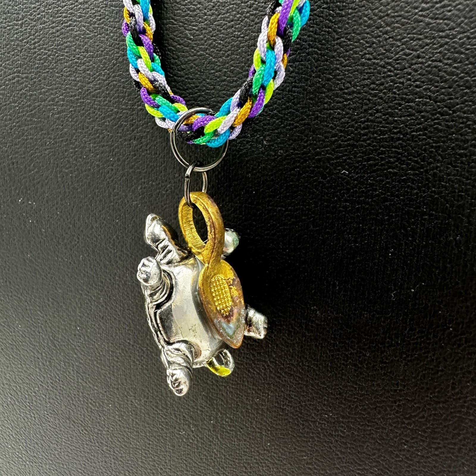 Vintage Green Silver-Toned Cute Turtle Braided Textile Cord Charm Pendant - Thumbnail 3