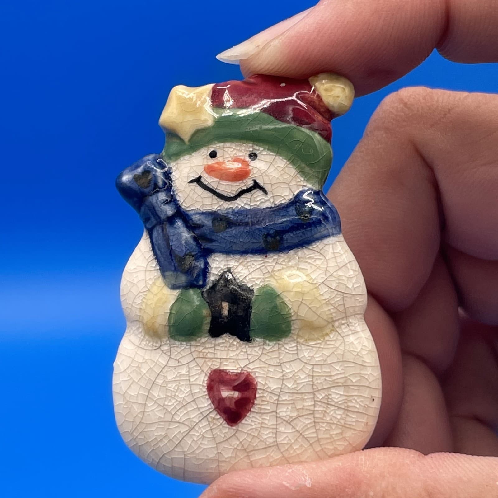 Vintage VTG GANZ Ceramic Crackle Snowman Brooch Pin Christmas Holiday Star Heart - Thumbnail 9