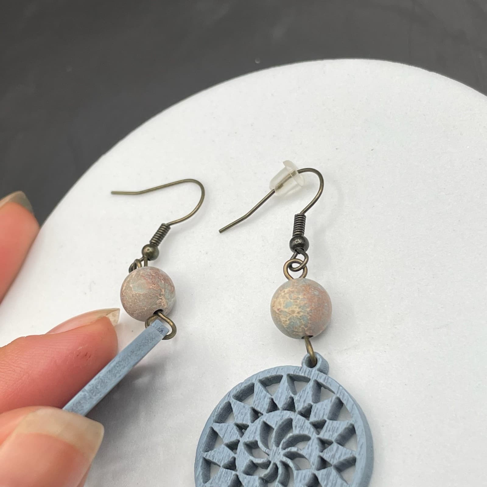 Vintage Blue Wooden Circle Clay Gold-Tone Floral Mandala Dangle Earrings - Thumbnail 6