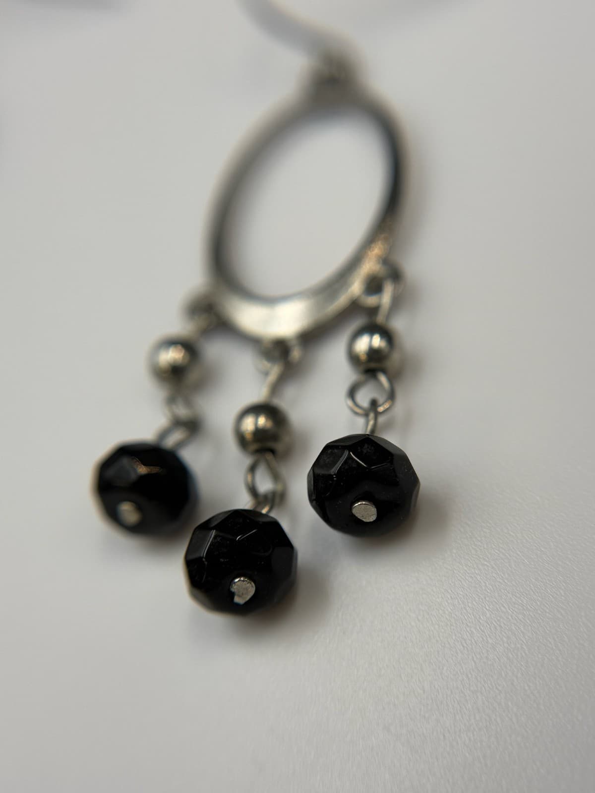 Vintage Victorian Revival Silver Tone Black Faceted Bead Dangle Hoop Chandelier - Thumbnail 8