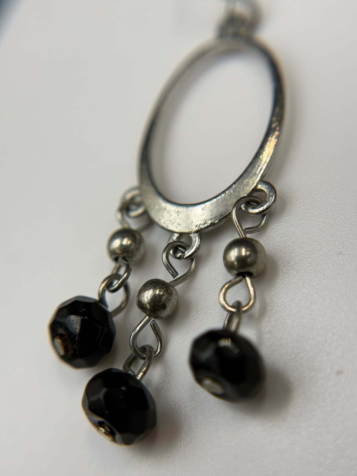 Vintage Victorian Revival Silver Tone Black Faceted Bead Dangle Hoop Chandelier - Thumbnail 10