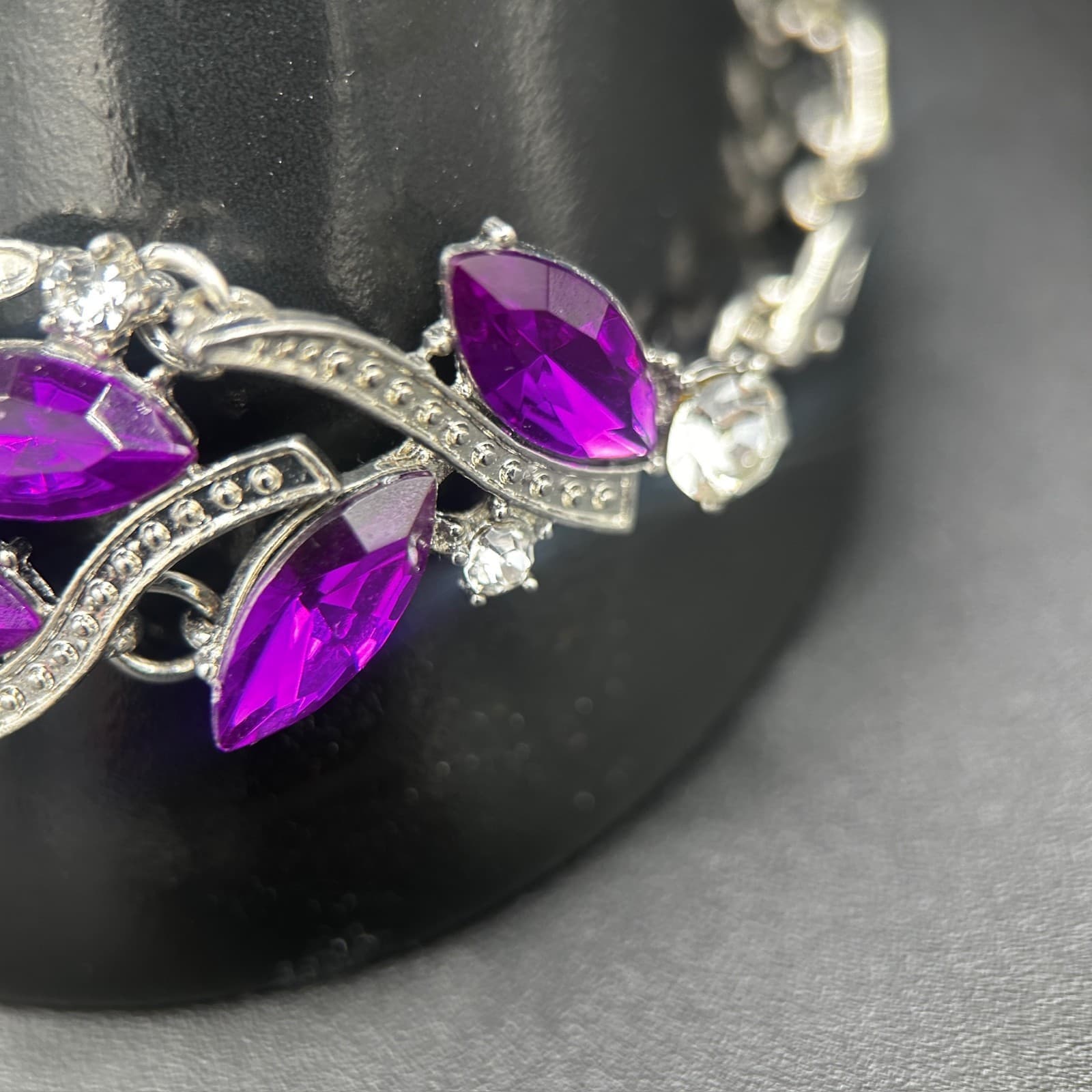 Vintage Silver Rhinestone Bracelet Purple Marquise Crystals 7.75in - Thumbnail 2