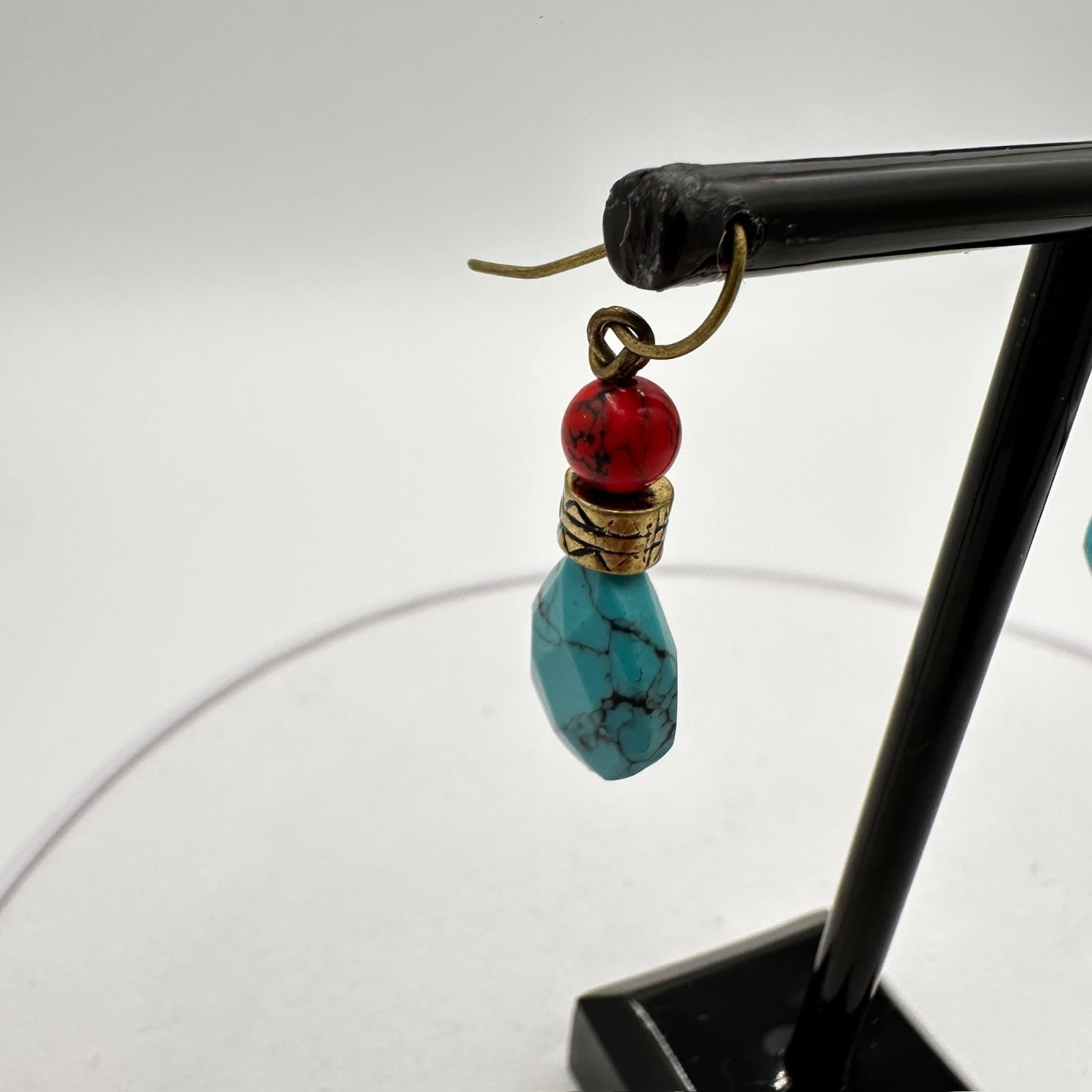 Vintage Turquoise Teardrop & Red Bead Boho Dangle Earrings Southwest Style - Thumbnail 3