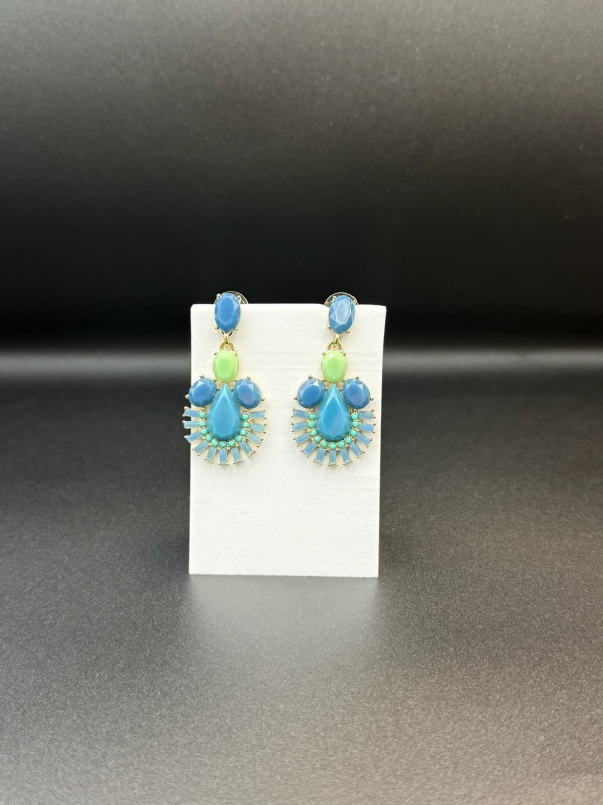 Vintage Beaded Stone Teardrop Gold Tone Chic Boho Stud Drop Chandelier Earrings - Thumbnail 3