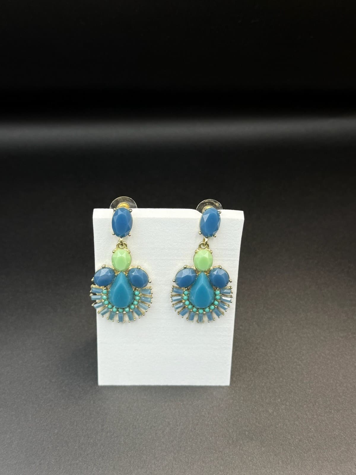 Vintage Beaded Stone Teardrop Gold Tone Chic Boho Stud Drop Chandelier Earrings - Thumbnail 8