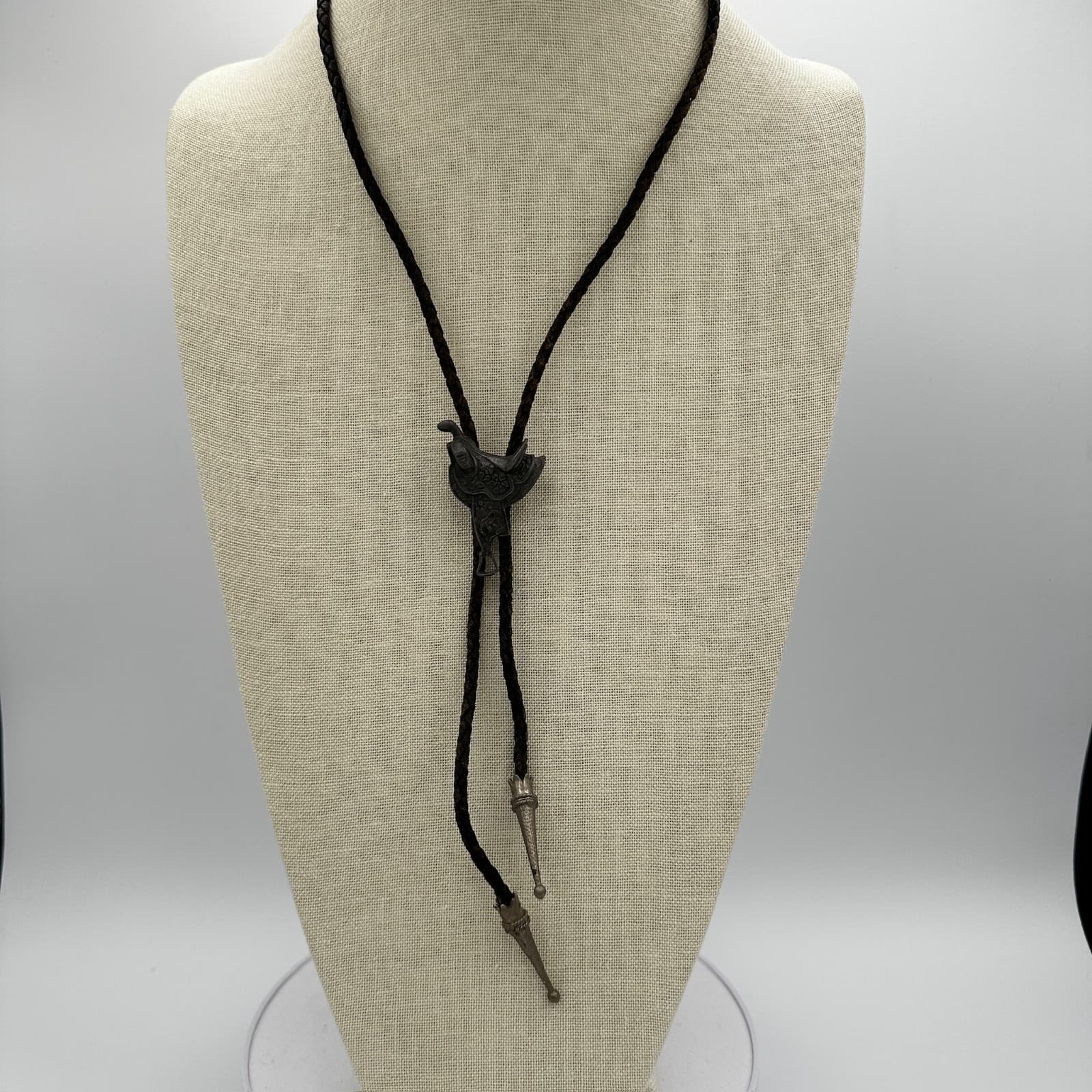 Vintage Western Bolo Tie w/ Eagle Slide Brown Braided Cord Style - Image 1