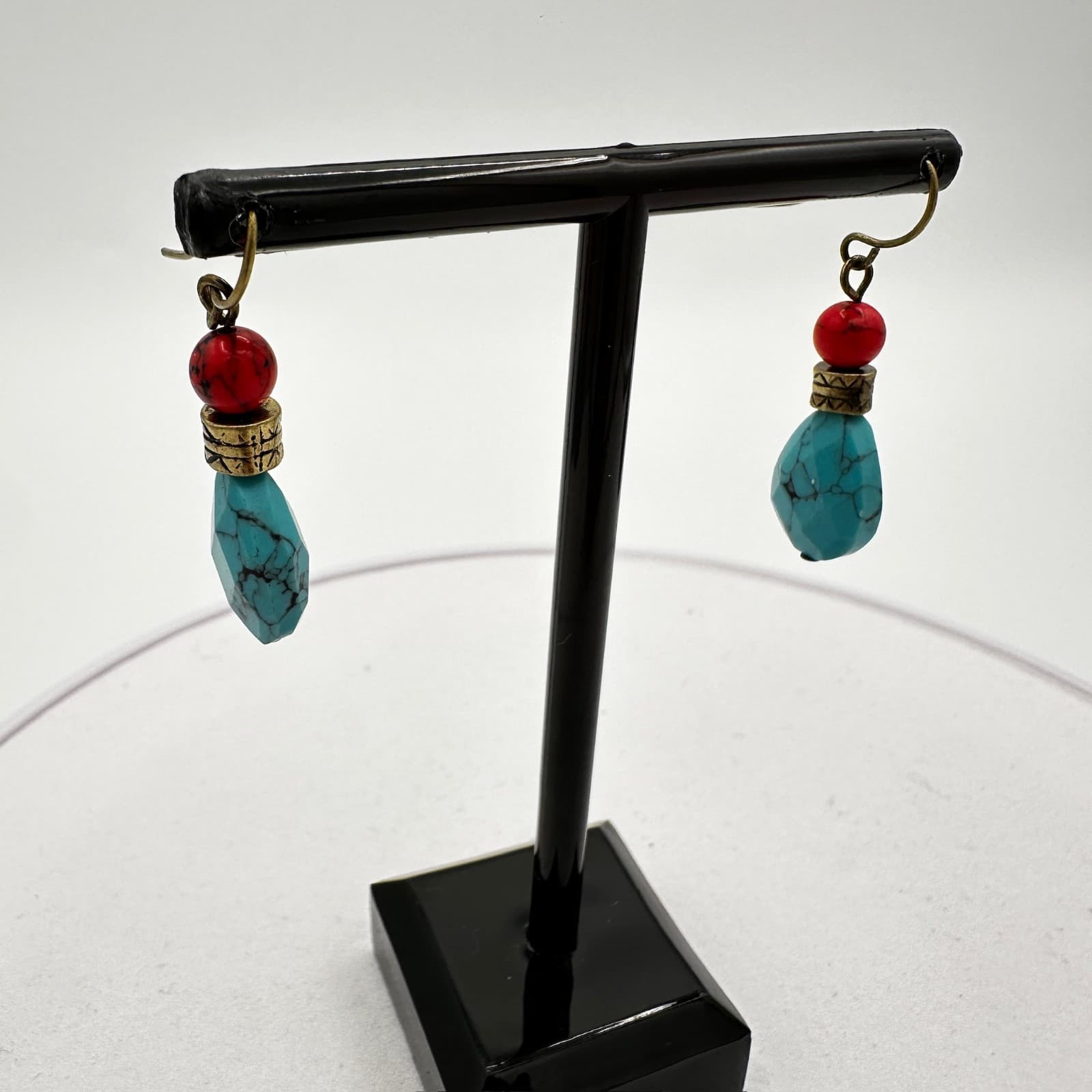 Vintage Turquoise Teardrop & Red Bead Boho Dangle Earrings Southwest Style - Thumbnail 2