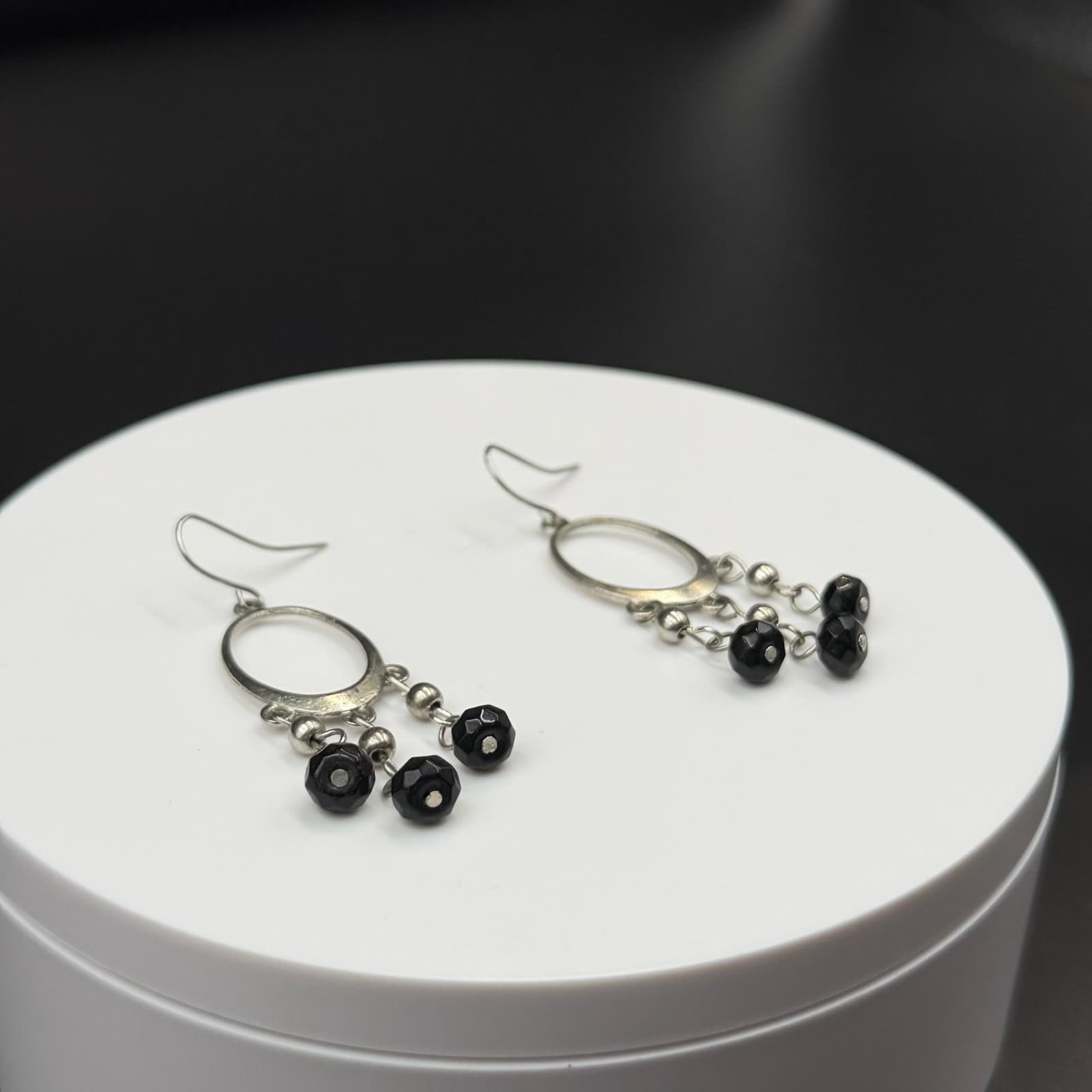 Vintage Victorian Revival Silver Tone Black Faceted Bead Dangle Hoop Chandelier - Thumbnail 6