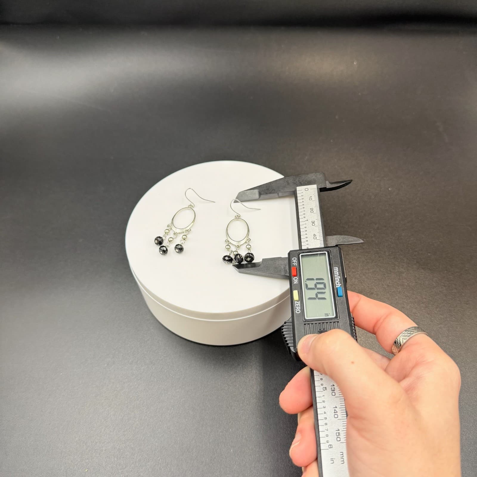 Vintage Victorian Revival Silver Tone Black Faceted Bead Dangle Hoop Chandelier - Thumbnail 3