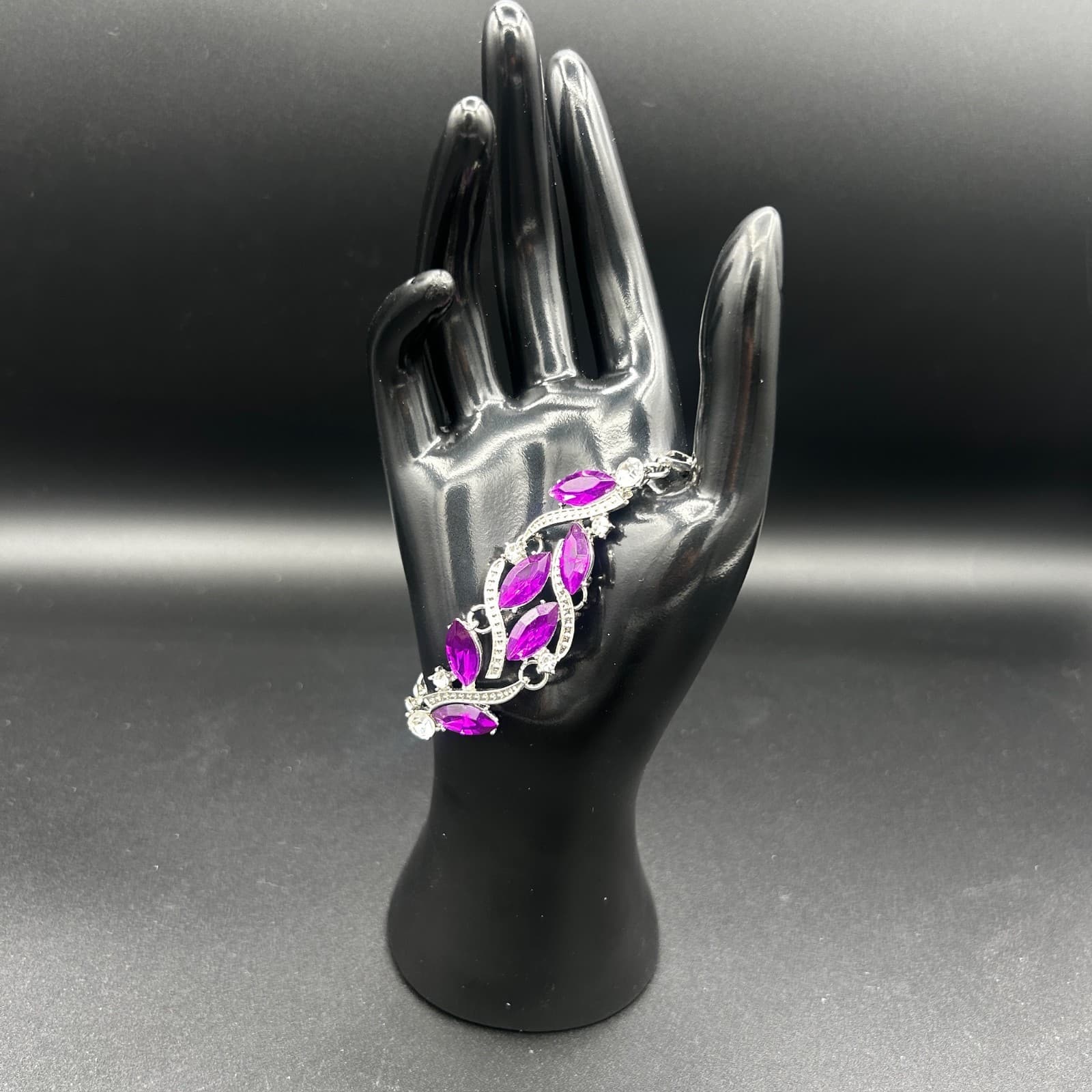 Vintage Silver Rhinestone Bracelet Purple Marquise Crystals 7.75in - Thumbnail 3