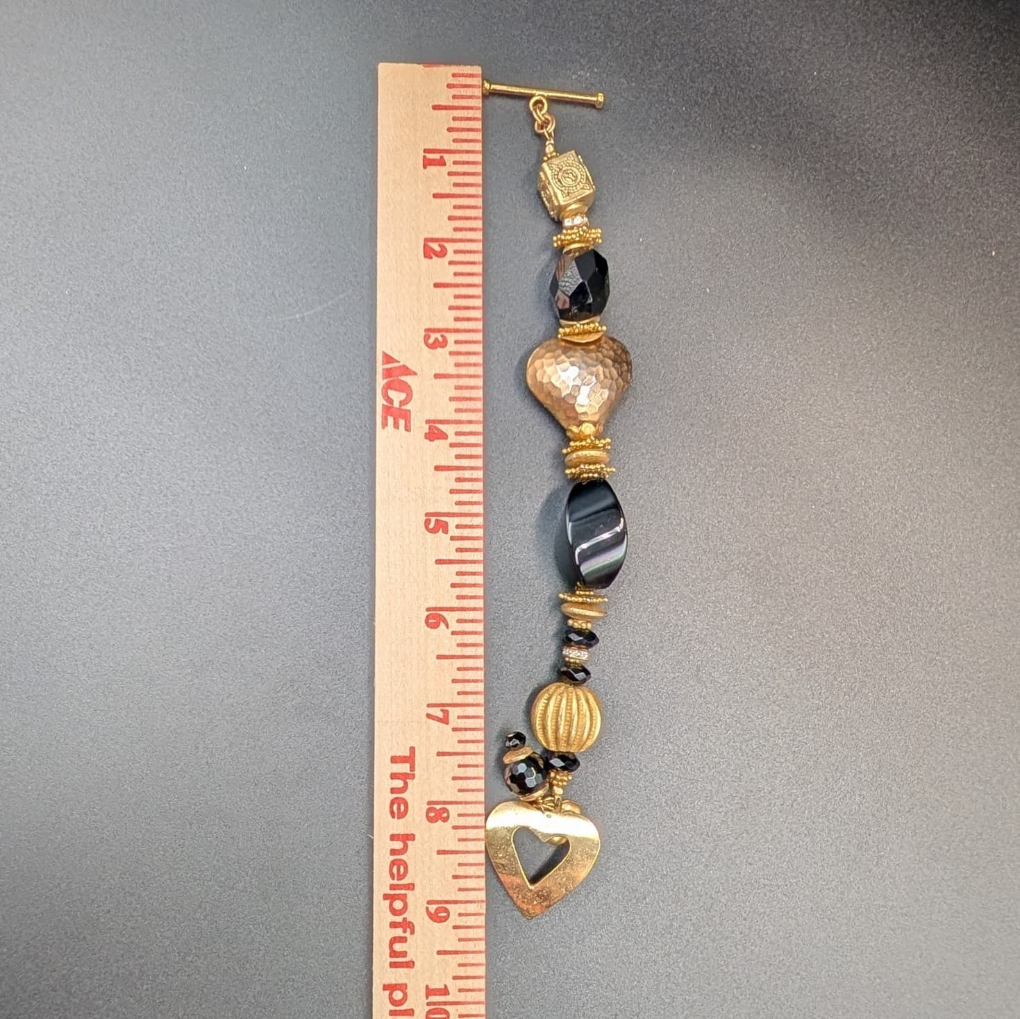 Vintage Gold Heart Dangle Brooch Black Beads Elegant Statement Pin 7in - Thumbnail 6