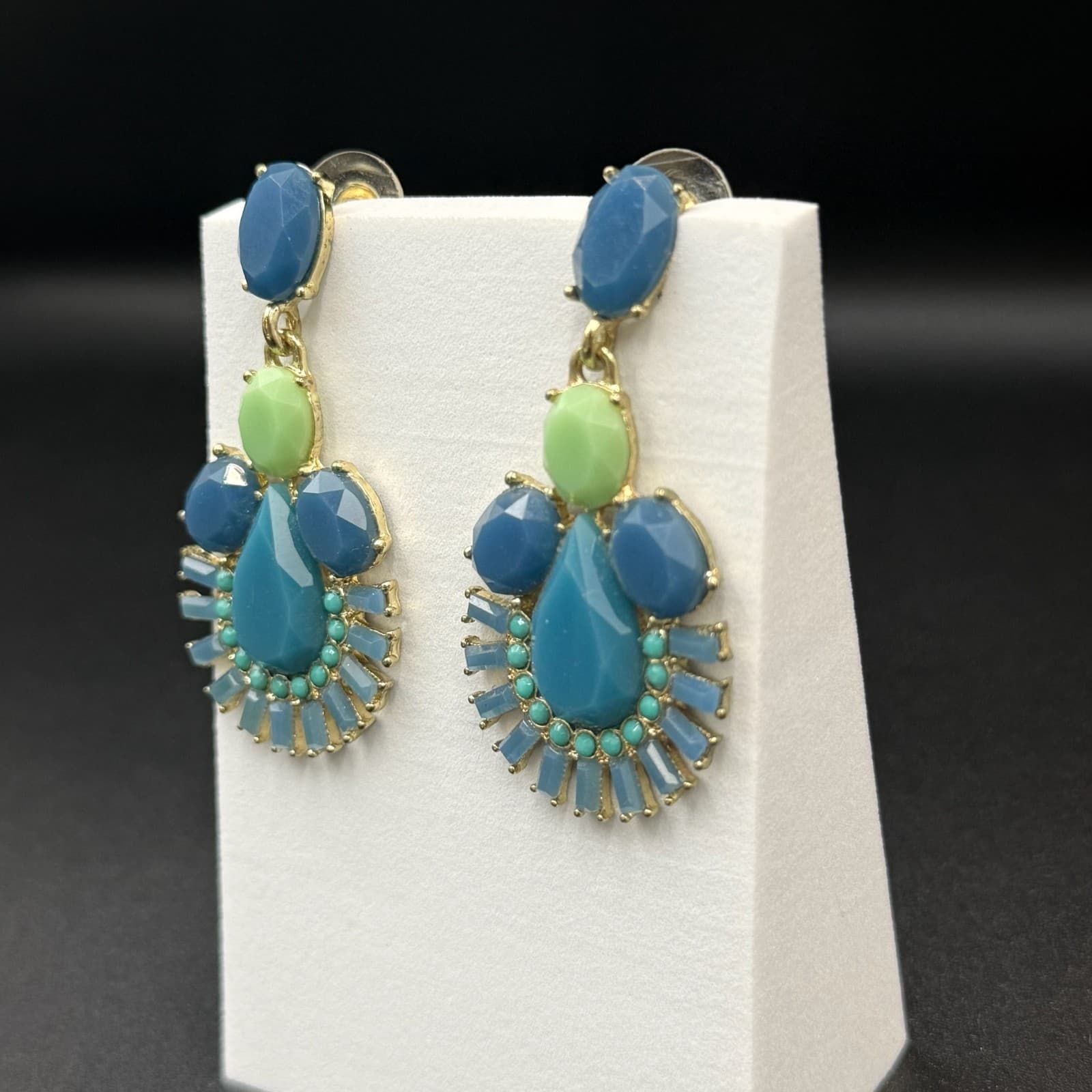 Vintage Beaded Stone Teardrop Gold Tone Chic Boho Stud Drop Chandelier Earrings - Thumbnail 4