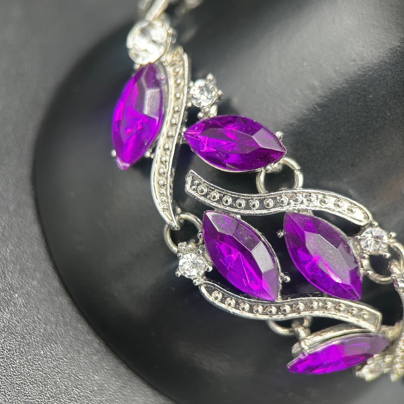 Vintage Silver Rhinestone Bracelet Purple Marquise Crystals 7.75in - Thumbnail 8