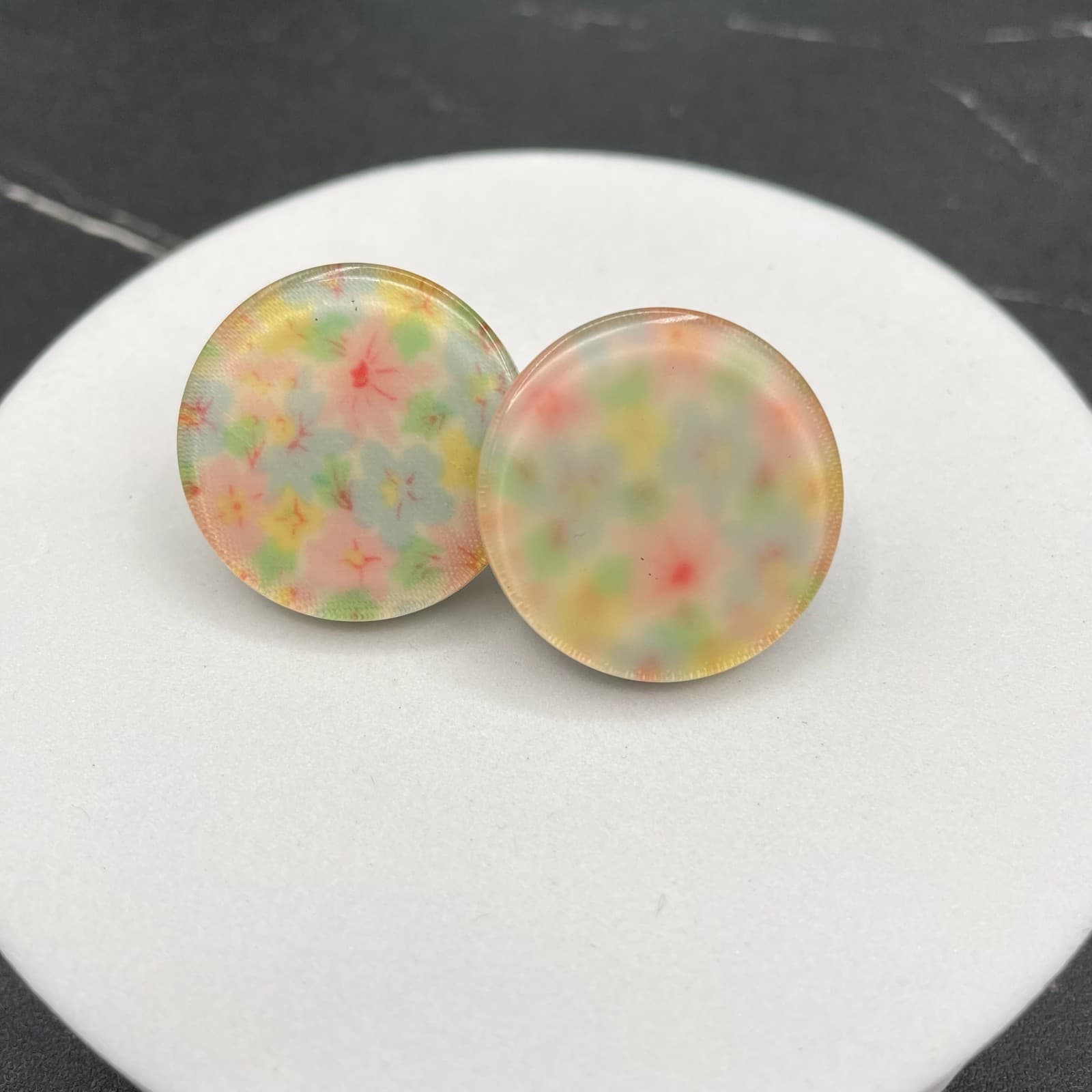 Vintage Pastel Pansy Flower Disk Pierced Silver-Toned Clip-On Stud Earrings - Image 1