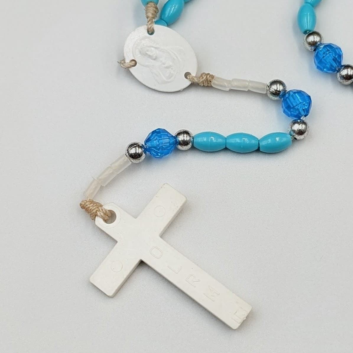 Vintage Turquoise Rosary Beads Necklace White Crucifix Catholic 22in - Thumbnail 3
