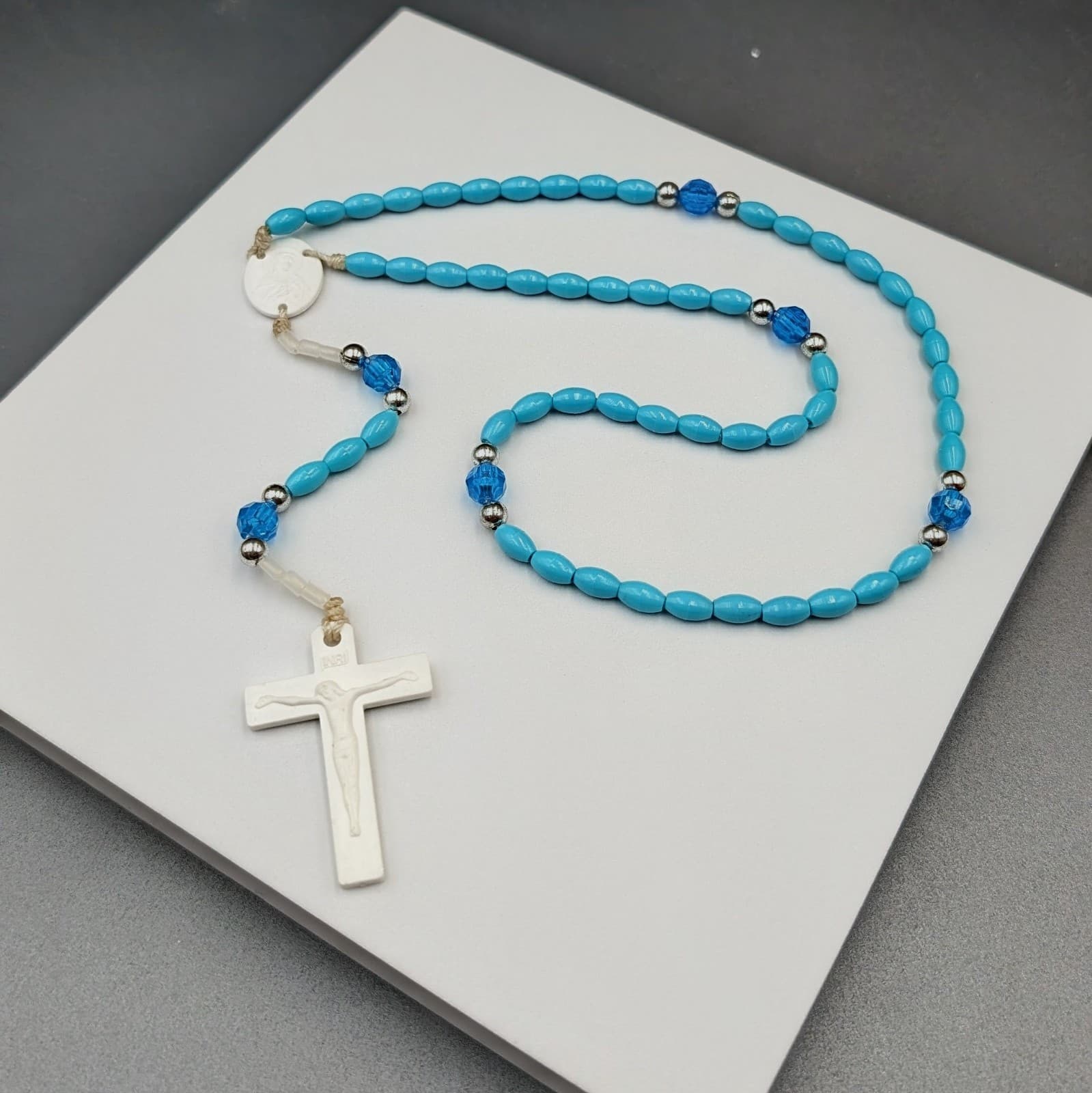 Vintage Turquoise Rosary Beads Necklace White Crucifix Catholic 22in - Thumbnail 4