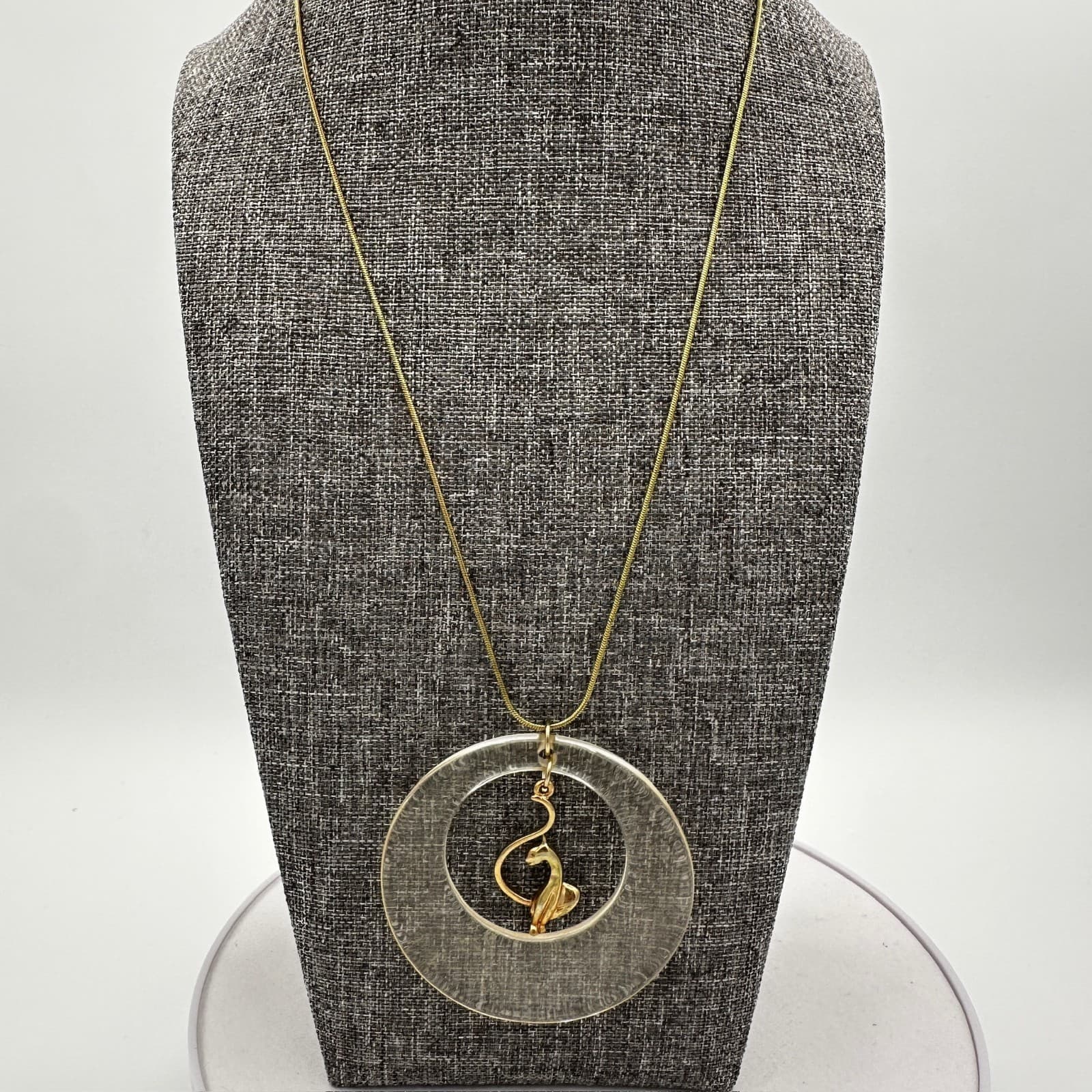 Vintage Clear Circle Pendant Necklace w/ Gold Flamingo Mid-Century Mod - Thumbnail 4