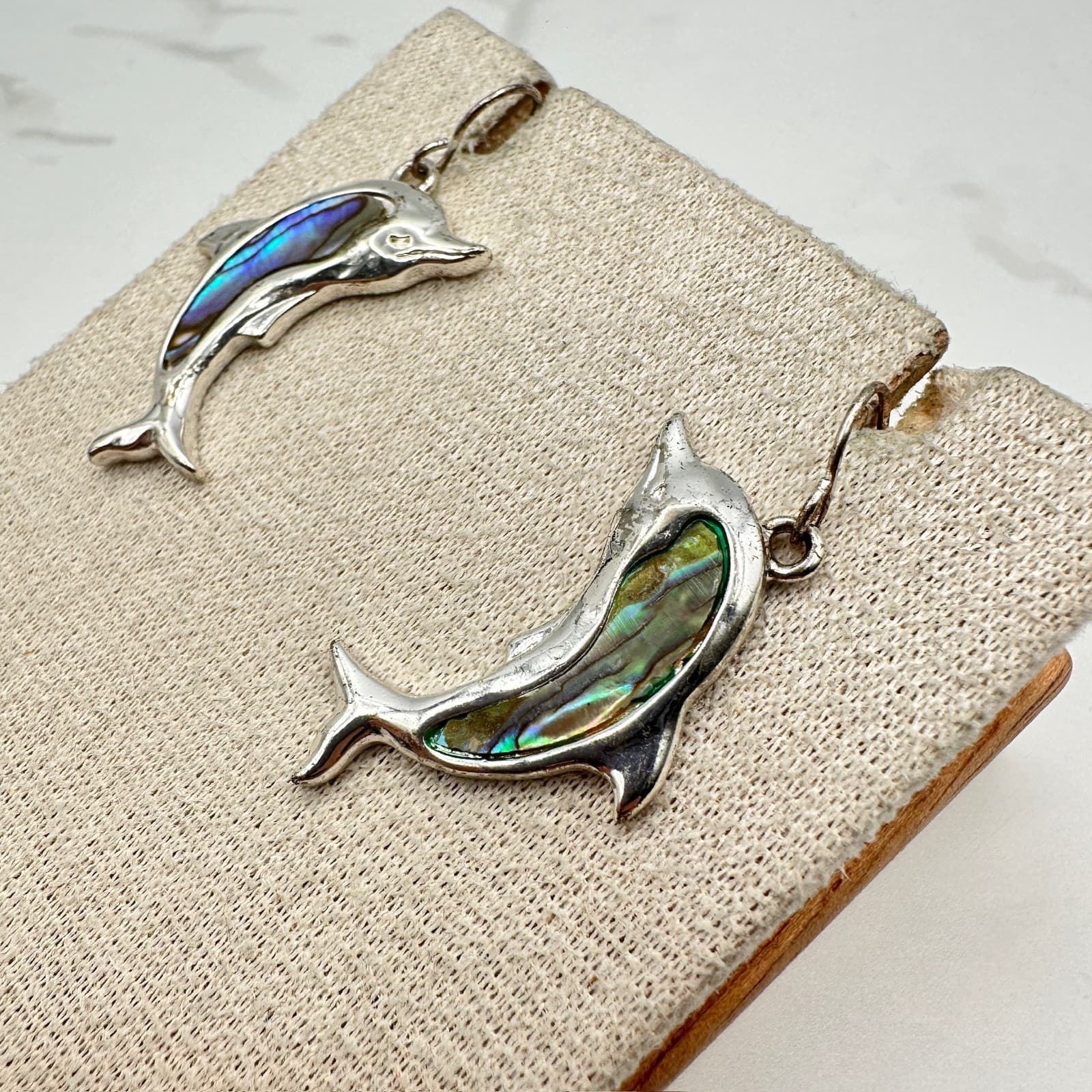 Vintage Abalone Shell Dolphin-Shaped Silver-Tone Hook Dangle Drop Earrings - Thumbnail 3