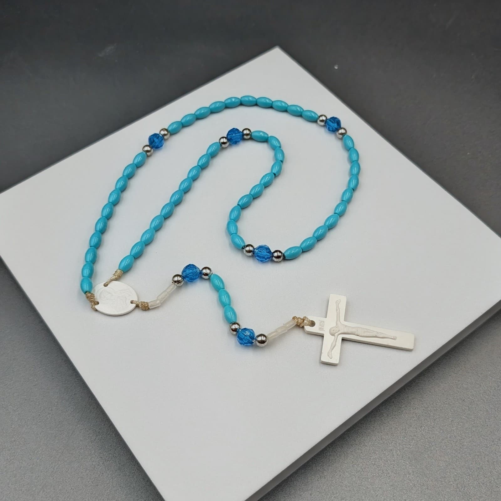 Vintage Turquoise Rosary Beads Necklace White Crucifix Catholic 22in - Image 1