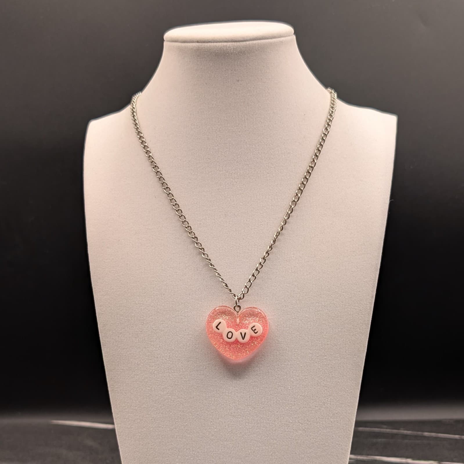 Vintage Pink Glitter Heart LOVE Pendant Necklace Silver Tone Cute Kawaii Y2K - Image 1