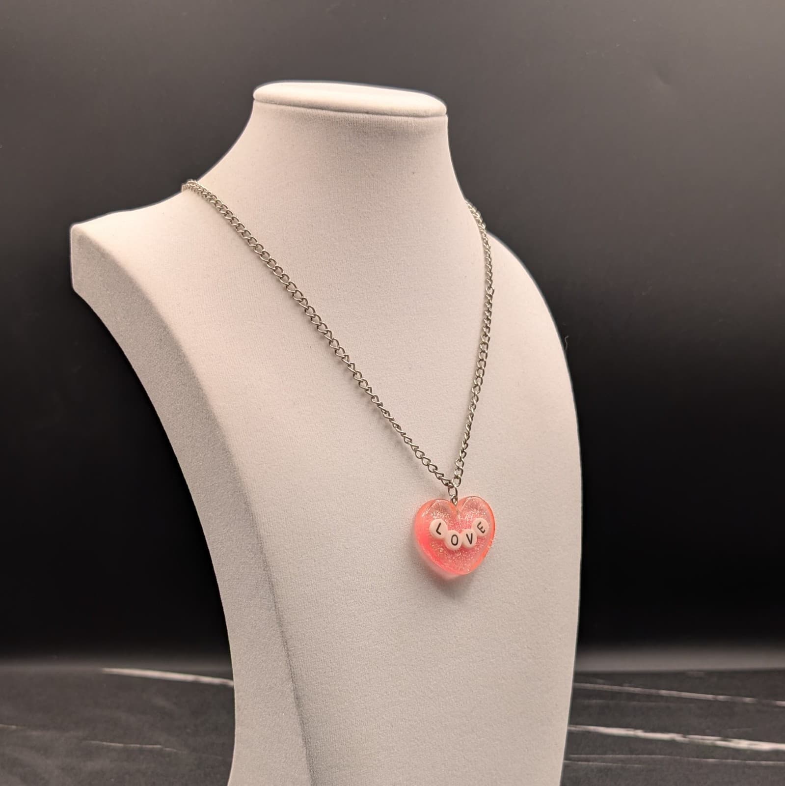 Vintage Pink Glitter Heart LOVE Pendant Necklace Silver Tone Cute Kawaii Y2K - Thumbnail 2