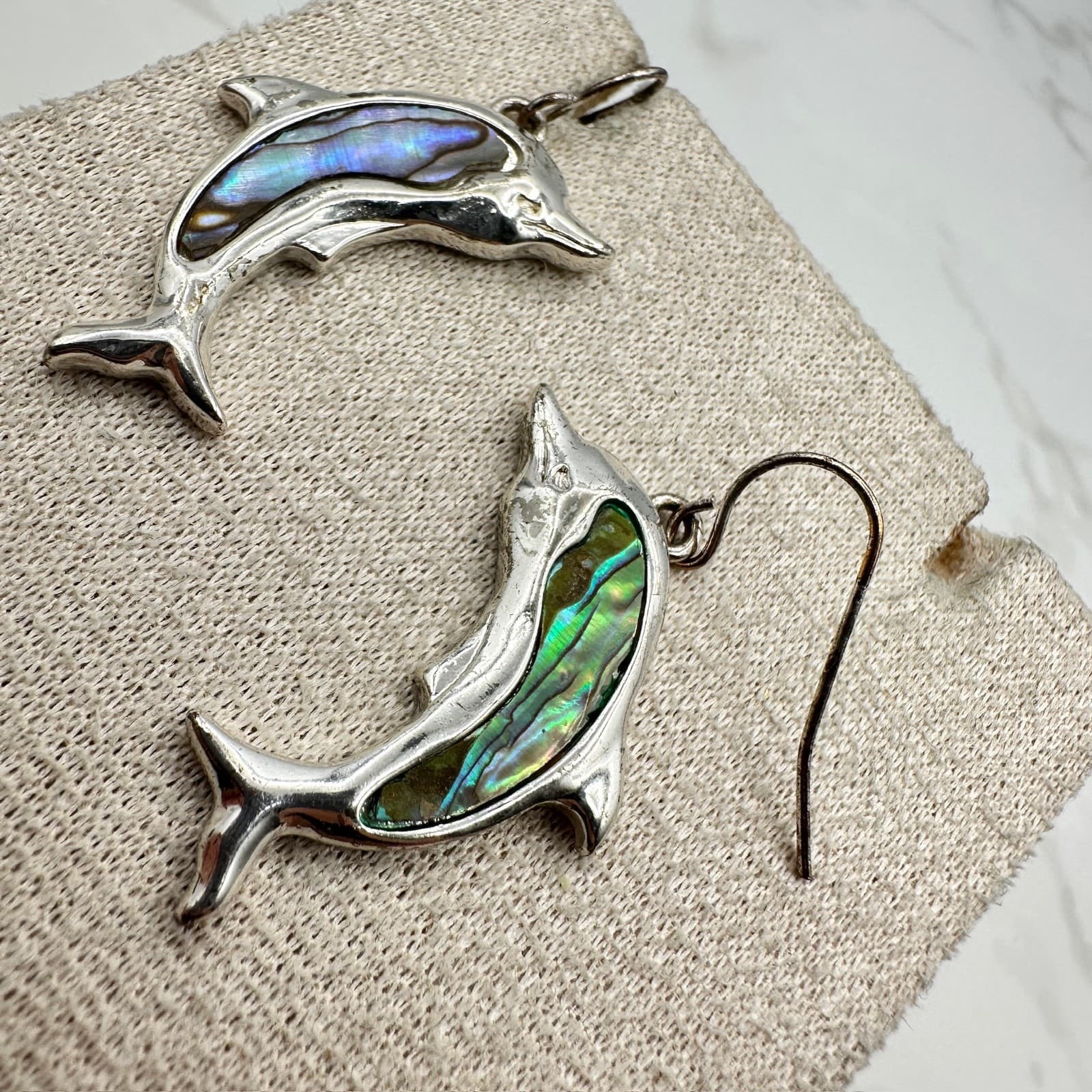 Vintage Abalone Shell Dolphin-Shaped Silver-Tone Hook Dangle Drop Earrings - Thumbnail 6