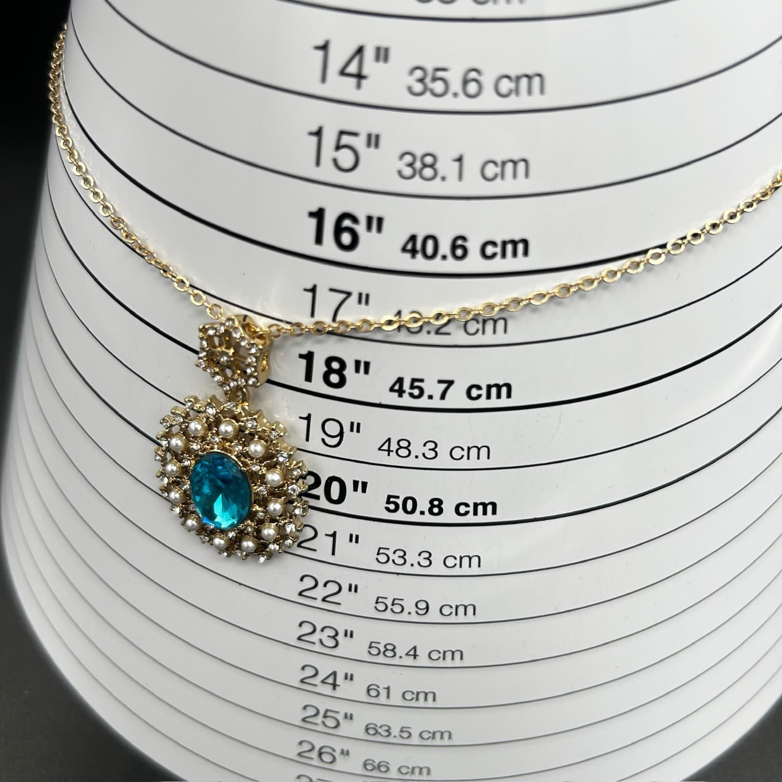 Vintage Gold Filigree Pendant Necklace Teal Oval Crystal Elegant 17in - Thumbnail 5