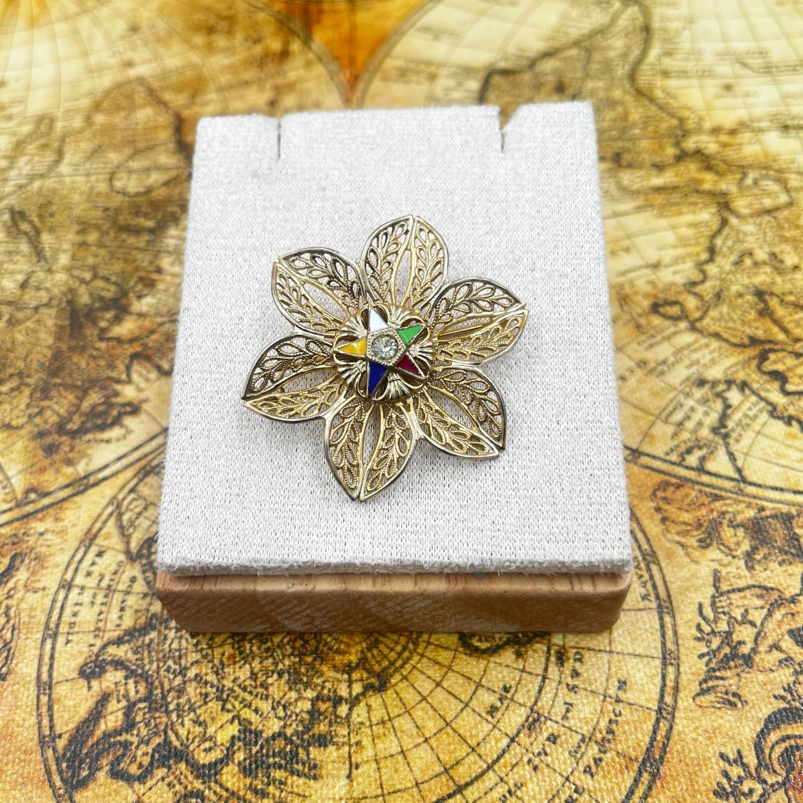 Vintage OES Eastern Star Gold Tone Filigree Brooch w/ Enamel & Rhinestones - Image 1