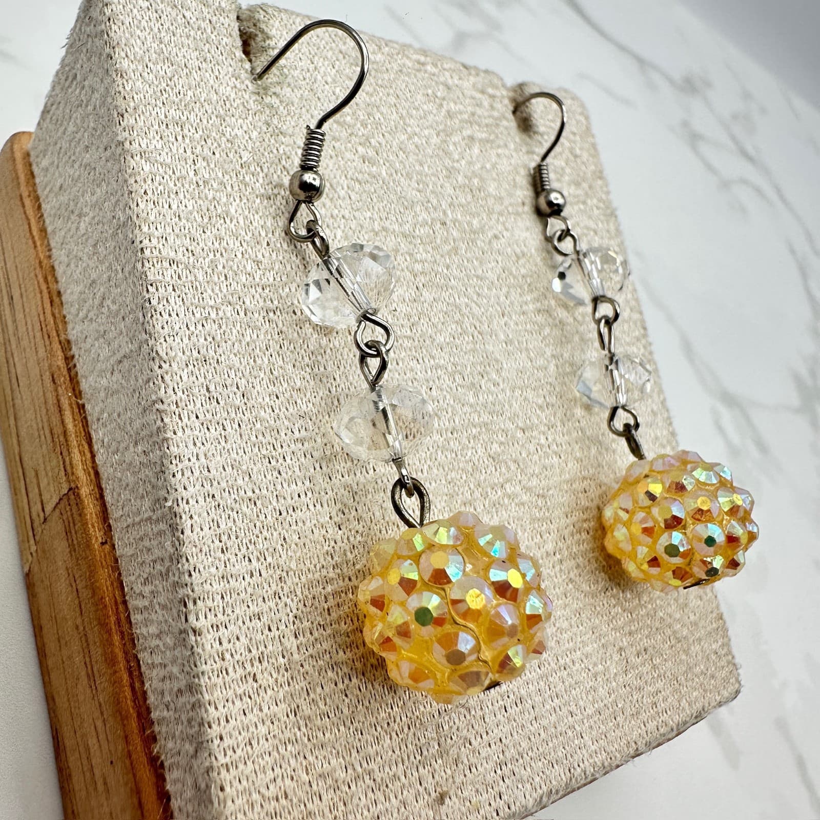 Vintage Yellow Clear Crystal Beaded Silver-Tone Hook Dangle Drop Earrings - Thumbnail 2