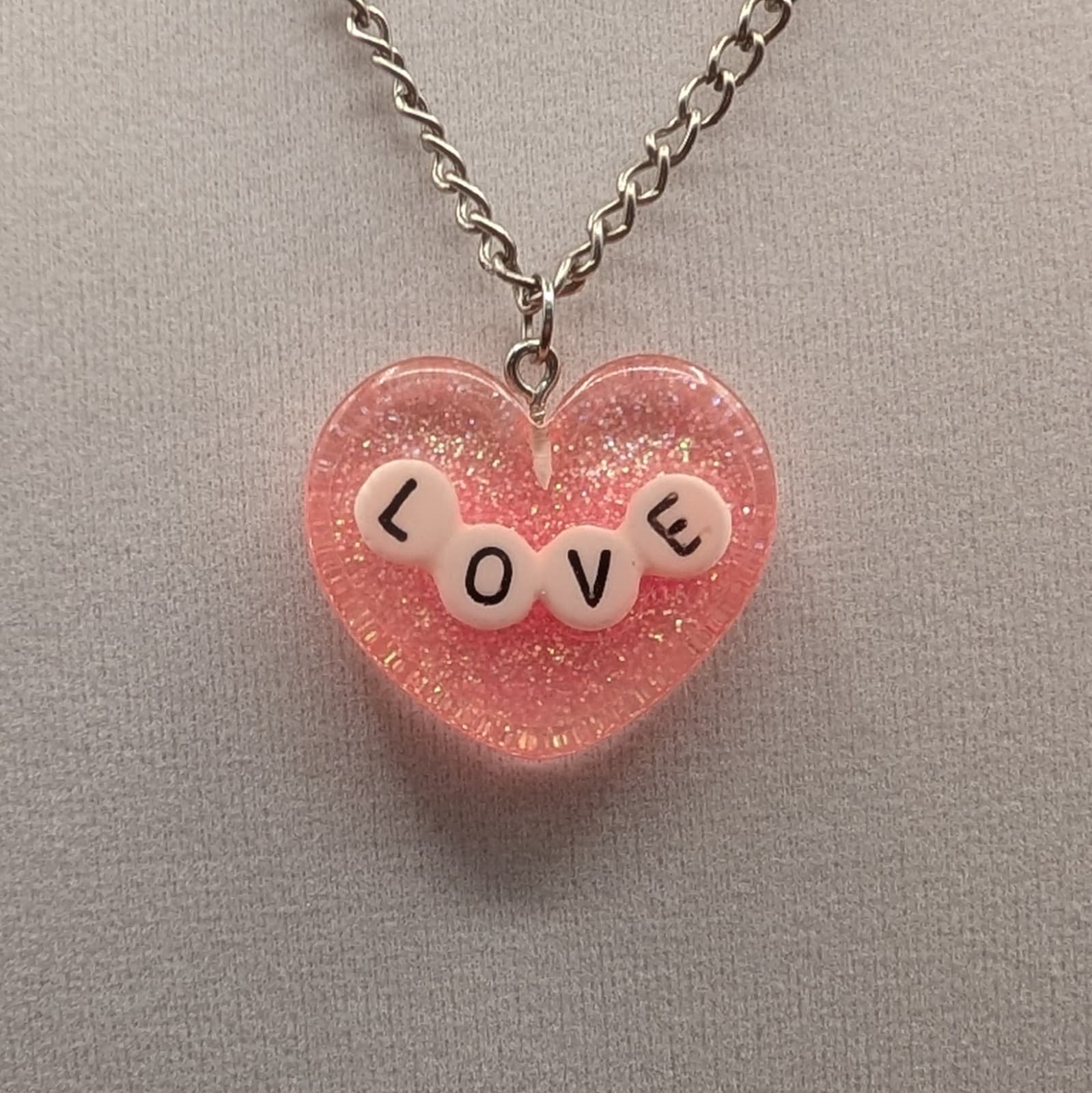 Vintage Pink Glitter Heart LOVE Pendant Necklace Silver Tone Cute Kawaii Y2K - Thumbnail 5