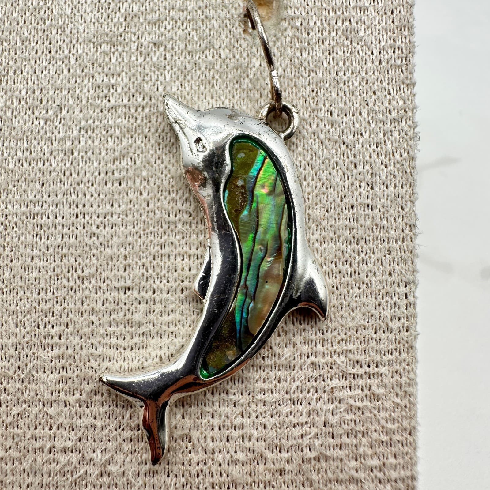 Vintage Abalone Shell Dolphin-Shaped Silver-Tone Hook Dangle Drop Earrings - Thumbnail 5