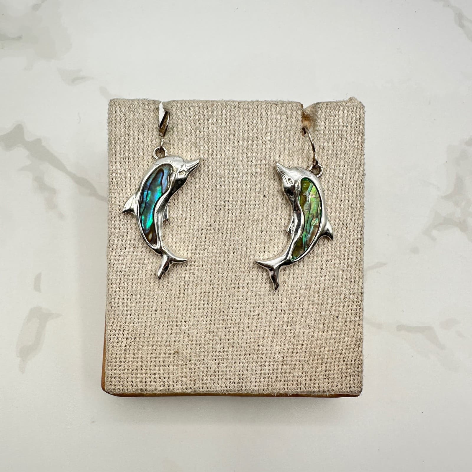 Vintage Abalone Shell Dolphin-Shaped Silver-Tone Hook Dangle Drop Earrings - Image 1