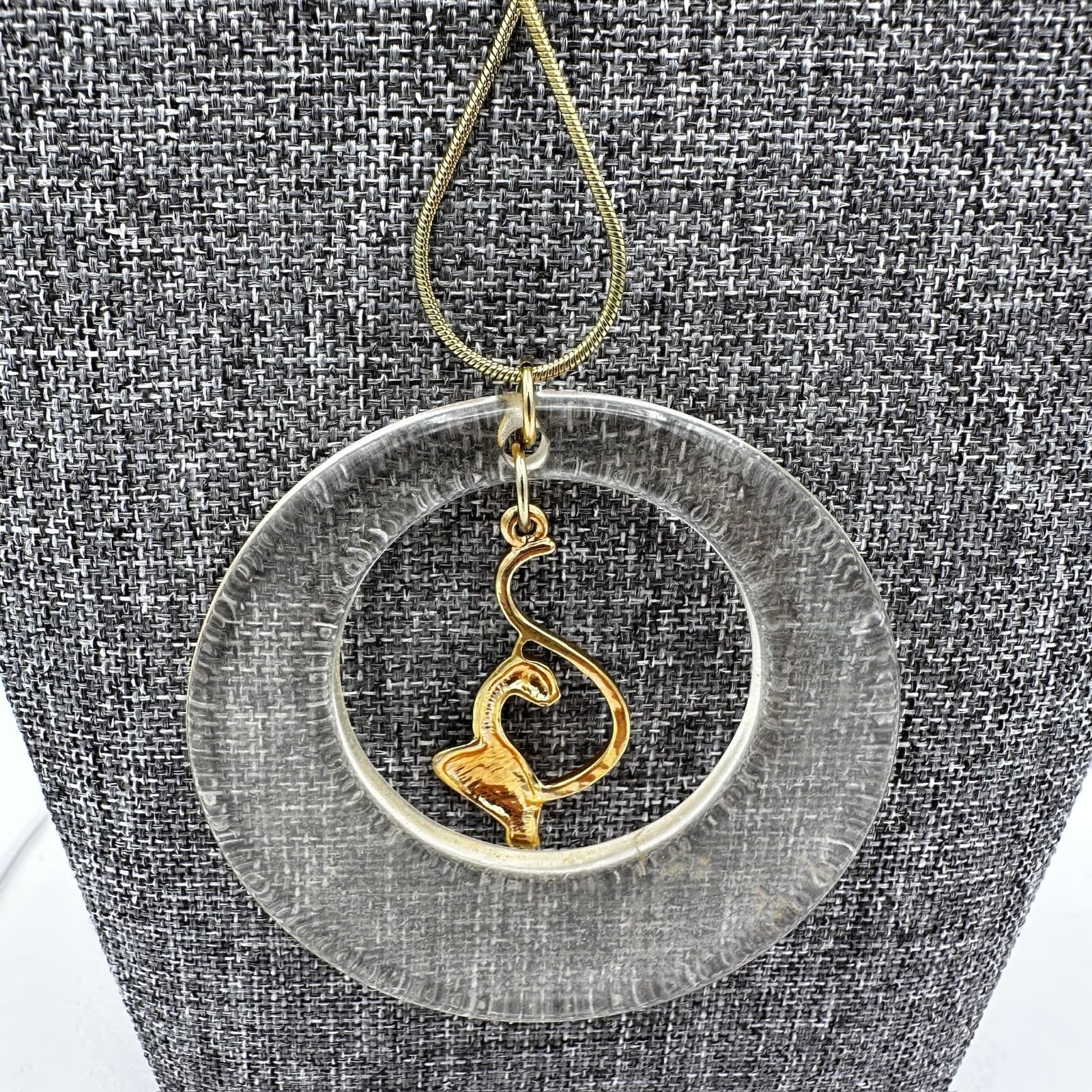 Vintage Clear Circle Pendant Necklace w/ Gold Flamingo Mid-Century Mod - Thumbnail 6