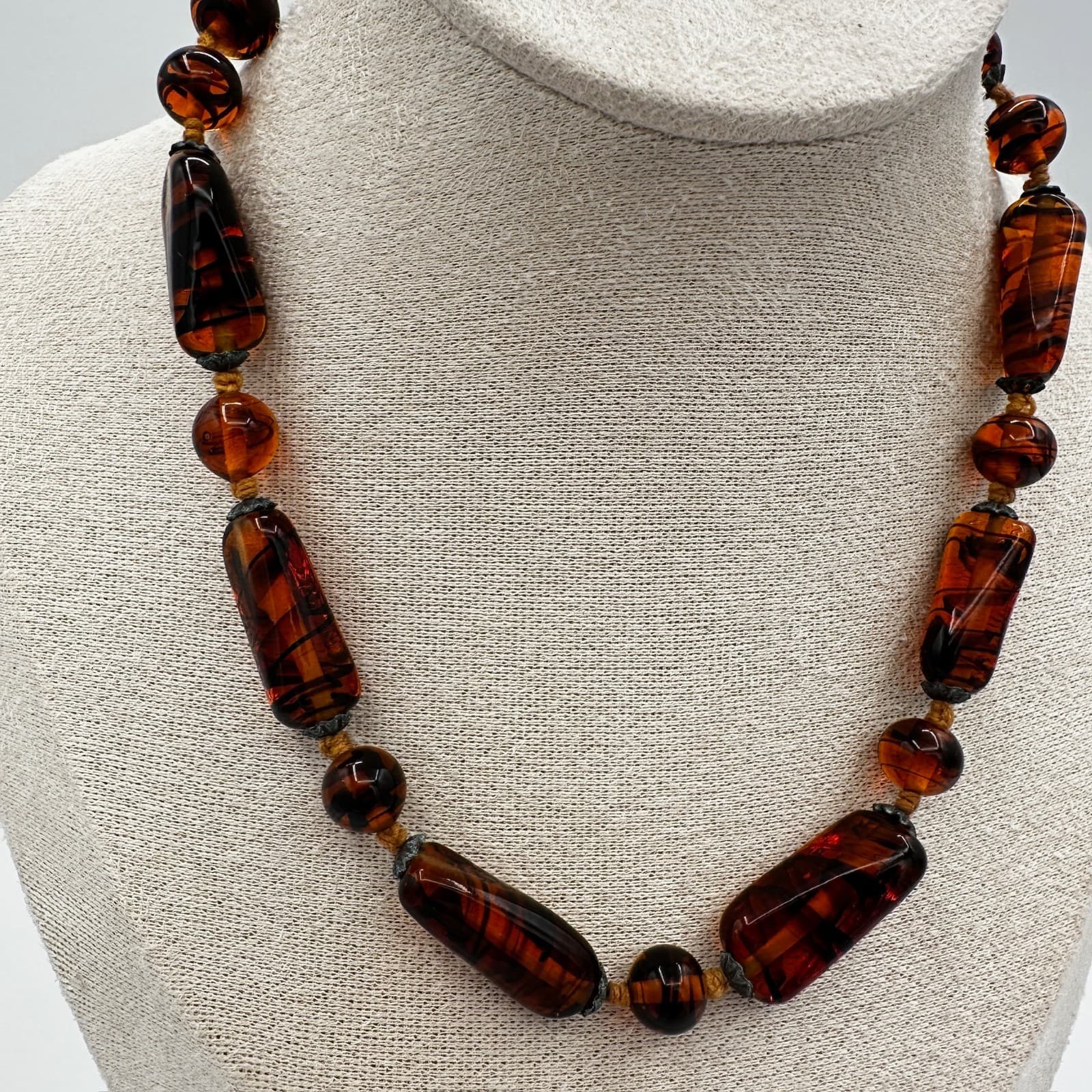 Vintage Tortoise Glass Bead Necklace Brown Amber Boho Retro Style - Thumbnail 3