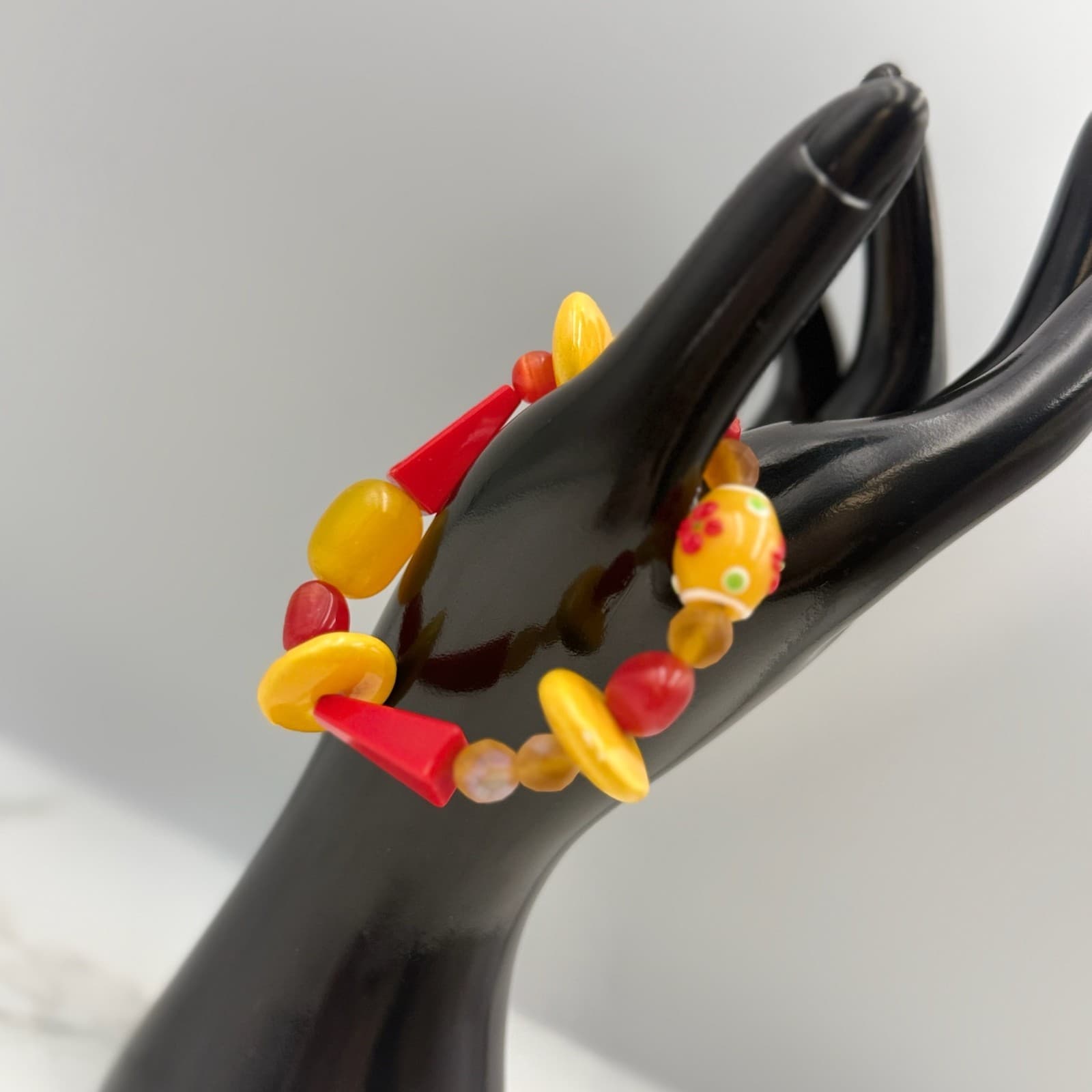 Vintage Handmade Womens Red Yellow Glass Scarlet Beaded Stretch Fashion Bracelet - Image 1
