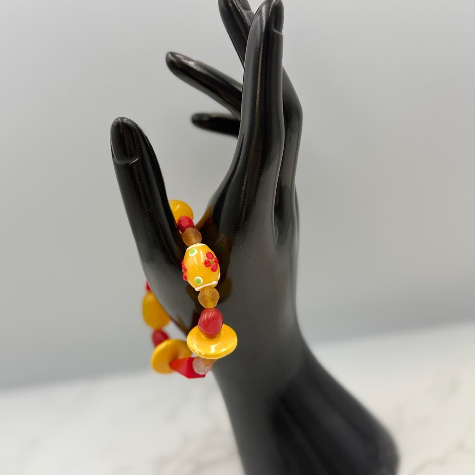 Vintage Handmade Womens Red Yellow Glass Scarlet Beaded Stretch Fashion Bracelet - Thumbnail 4