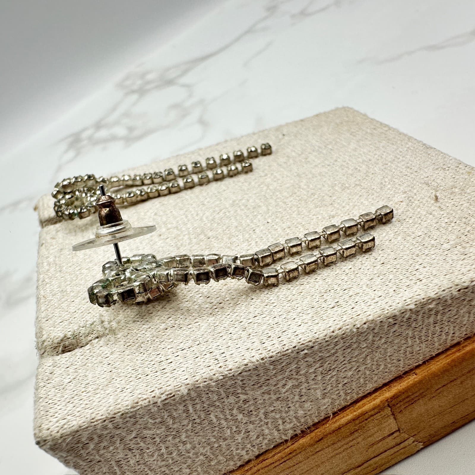 Vintage Clear White Rhinestone Bowknot Silver-Tone Retro Dangle Drop Earrings - Thumbnail 5