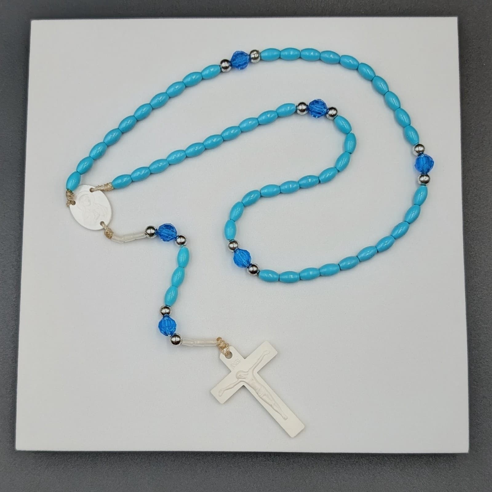 Vintage Turquoise Rosary Beads Necklace White Crucifix Catholic 22in - Thumbnail 2