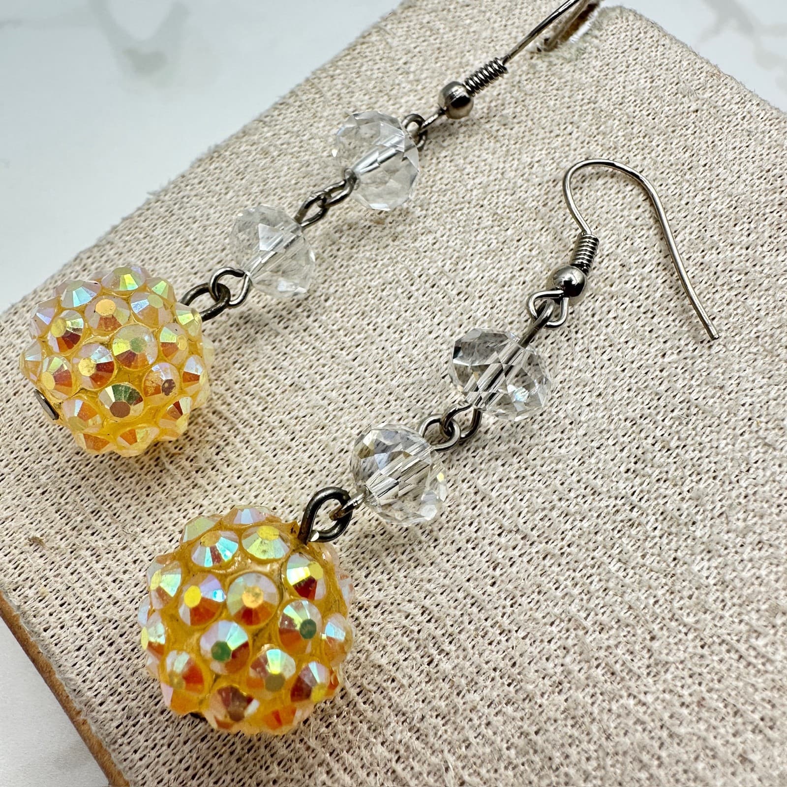 Vintage Yellow Clear Crystal Beaded Silver-Tone Hook Dangle Drop Earrings - Thumbnail 4