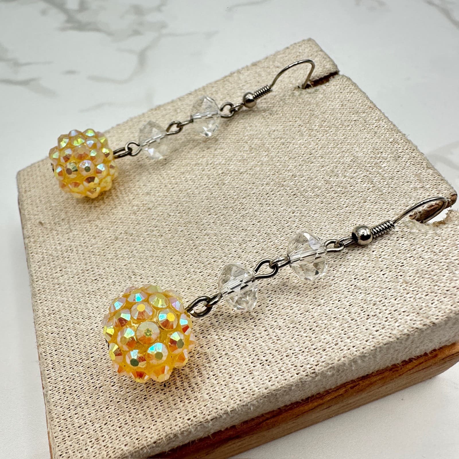 Vintage Yellow Clear Crystal Beaded Silver-Tone Hook Dangle Drop Earrings - Thumbnail 3