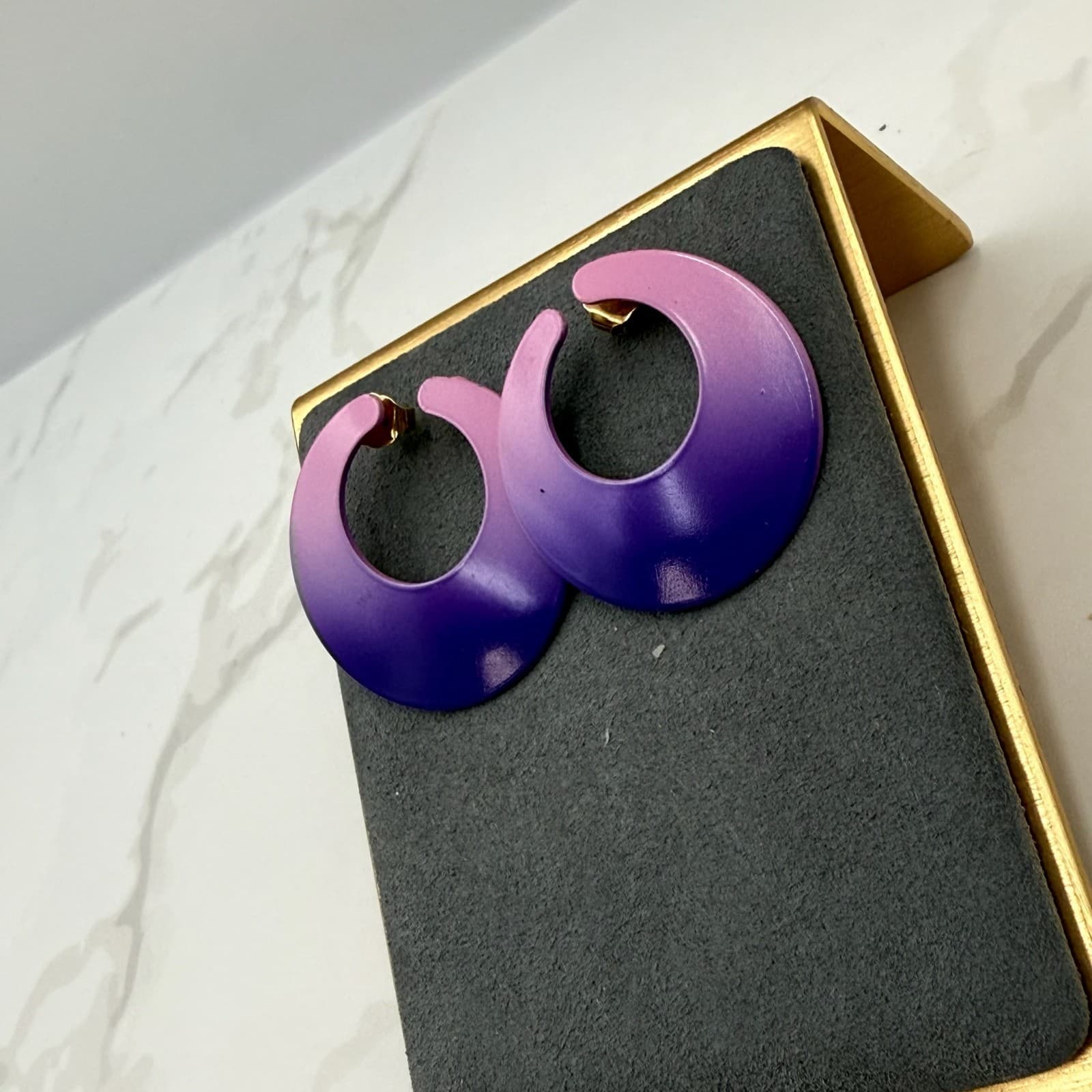 Vintage Charlotte Purple Gold-Toned Fashion Retro Circle Enamel Hoop Earrings - Thumbnail 5