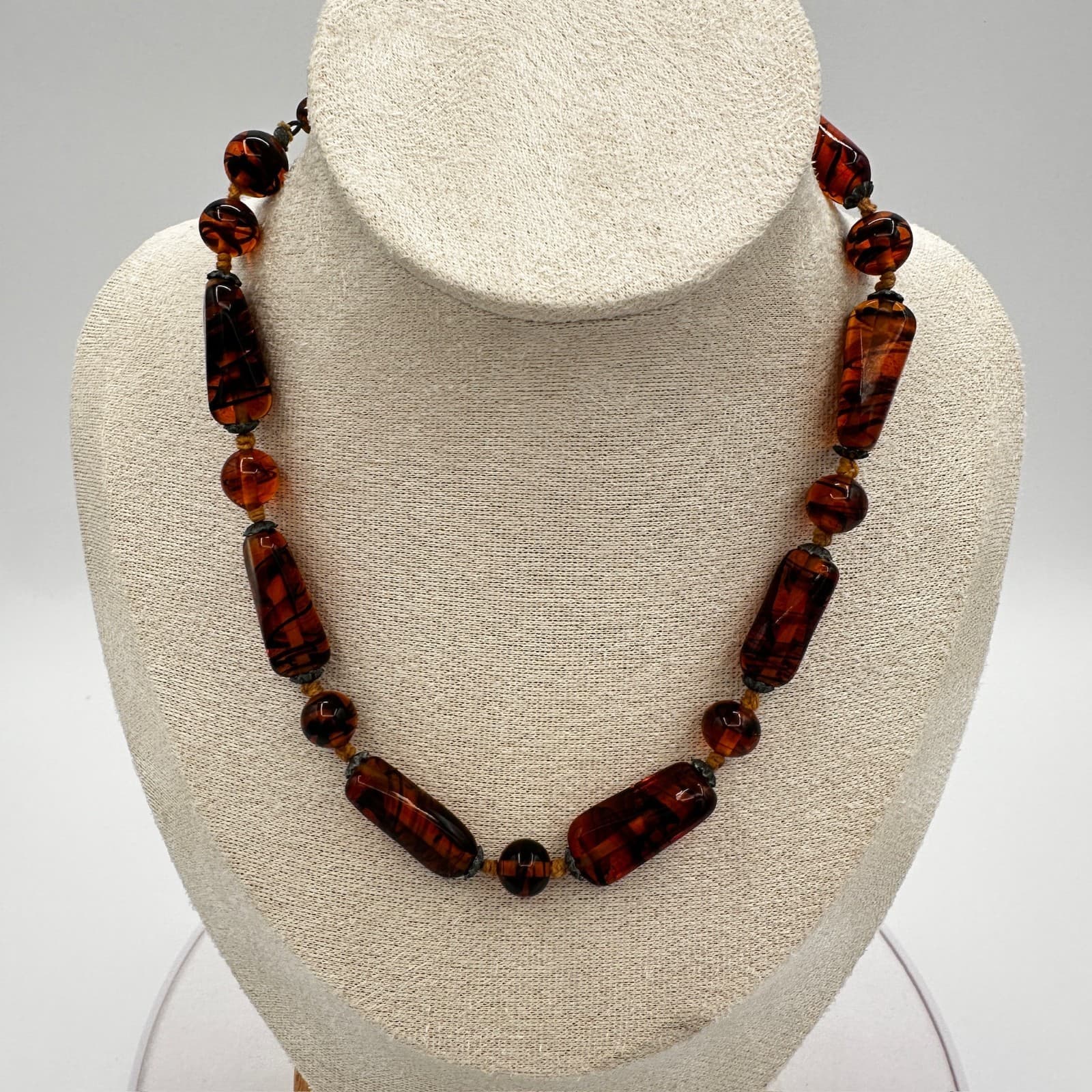 Vintage Tortoise Glass Bead Necklace Brown Amber Boho Retro Style - Thumbnail 2