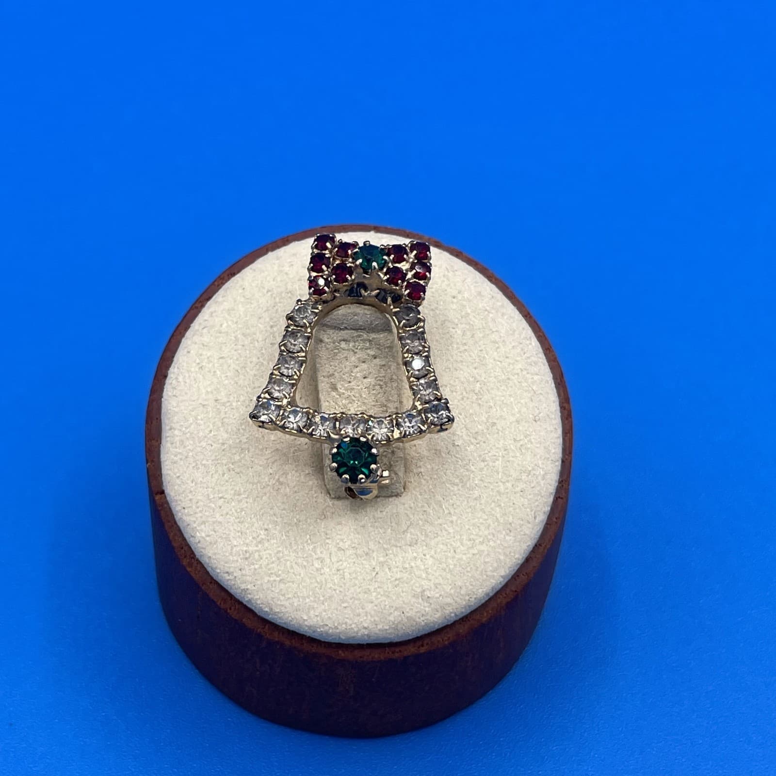 Vintage VTG Christmas Bell Brooch Pin Red Green Clear Rhinestones Gold Tone 24mm - Image 1