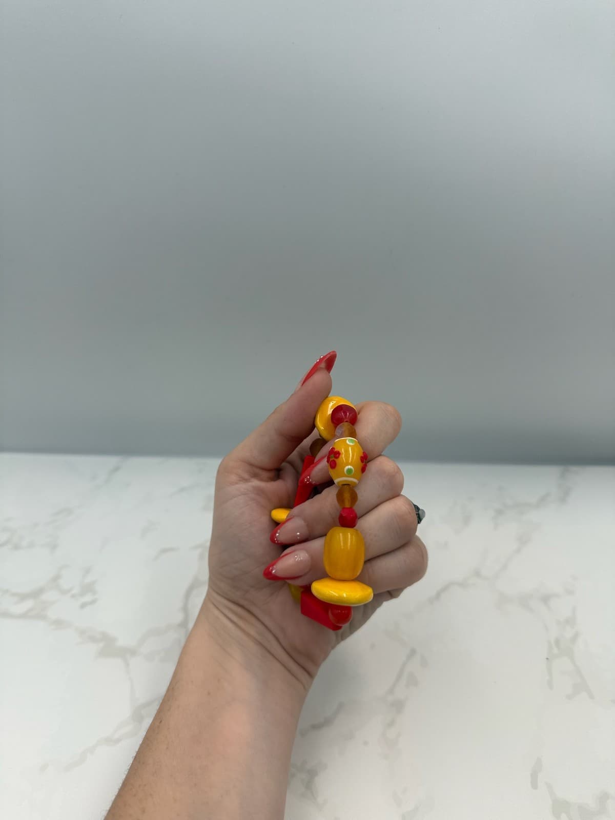 Vintage Handmade Womens Red Yellow Glass Scarlet Beaded Stretch Fashion Bracelet - Thumbnail 7