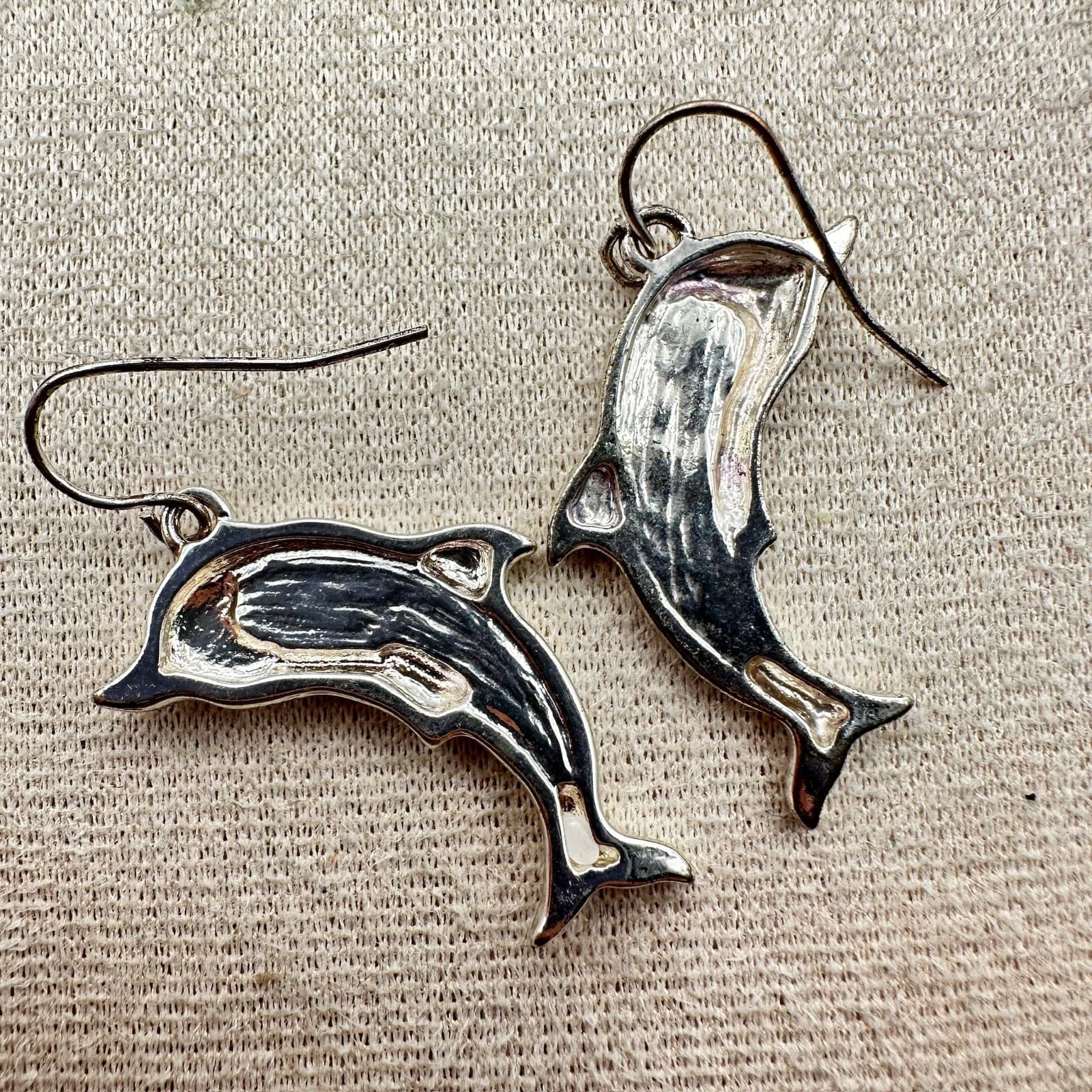 Vintage Abalone Shell Dolphin-Shaped Silver-Tone Hook Dangle Drop Earrings - Thumbnail 8