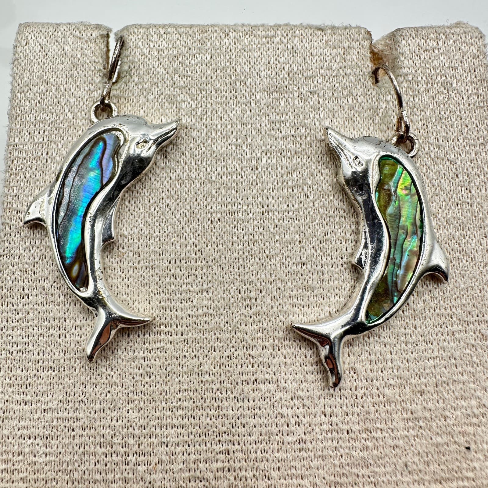 Vintage Abalone Shell Dolphin-Shaped Silver-Tone Hook Dangle Drop Earrings - Thumbnail 2