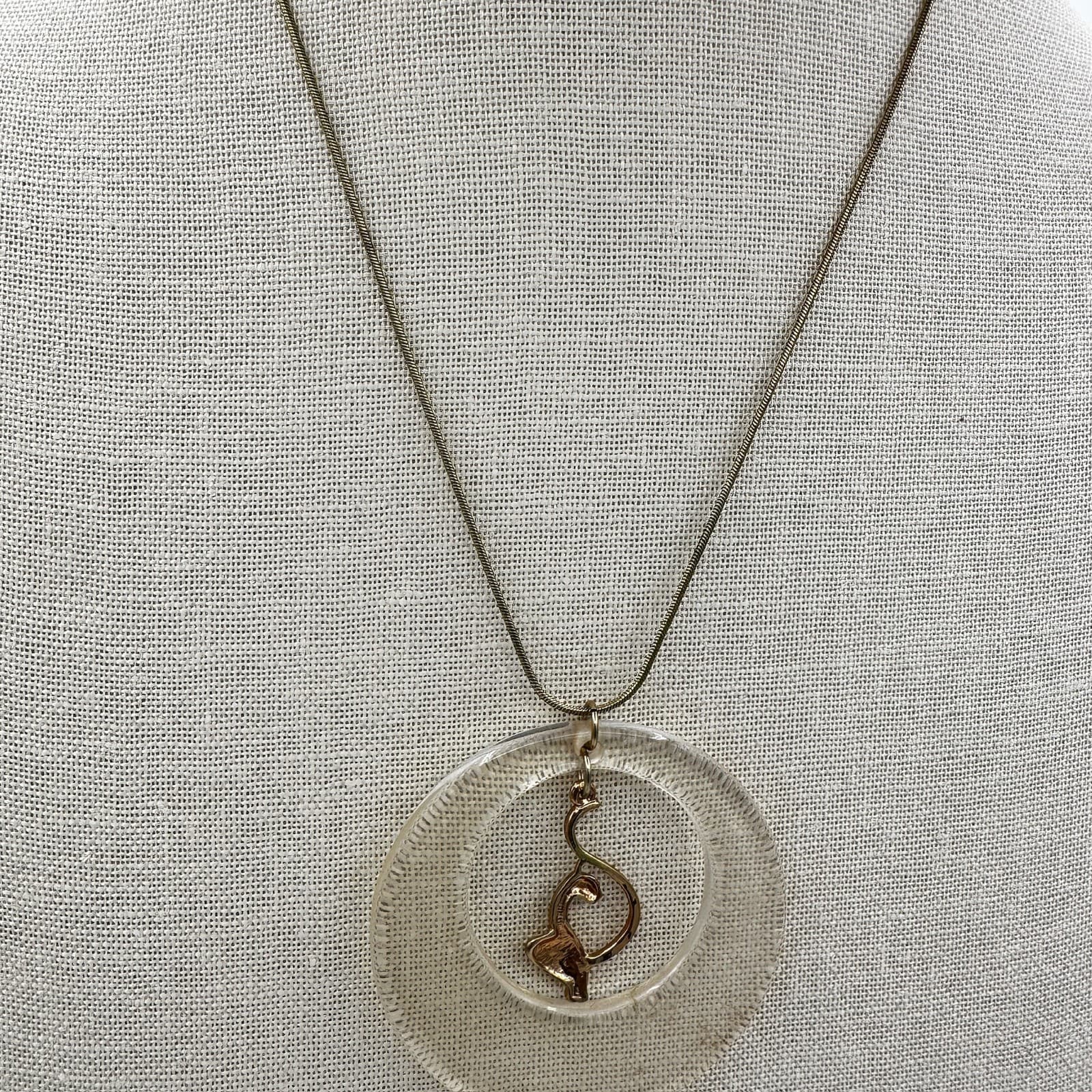 Vintage Clear Circle Pendant Necklace w/ Gold Flamingo Mid-Century Mod - Thumbnail 3