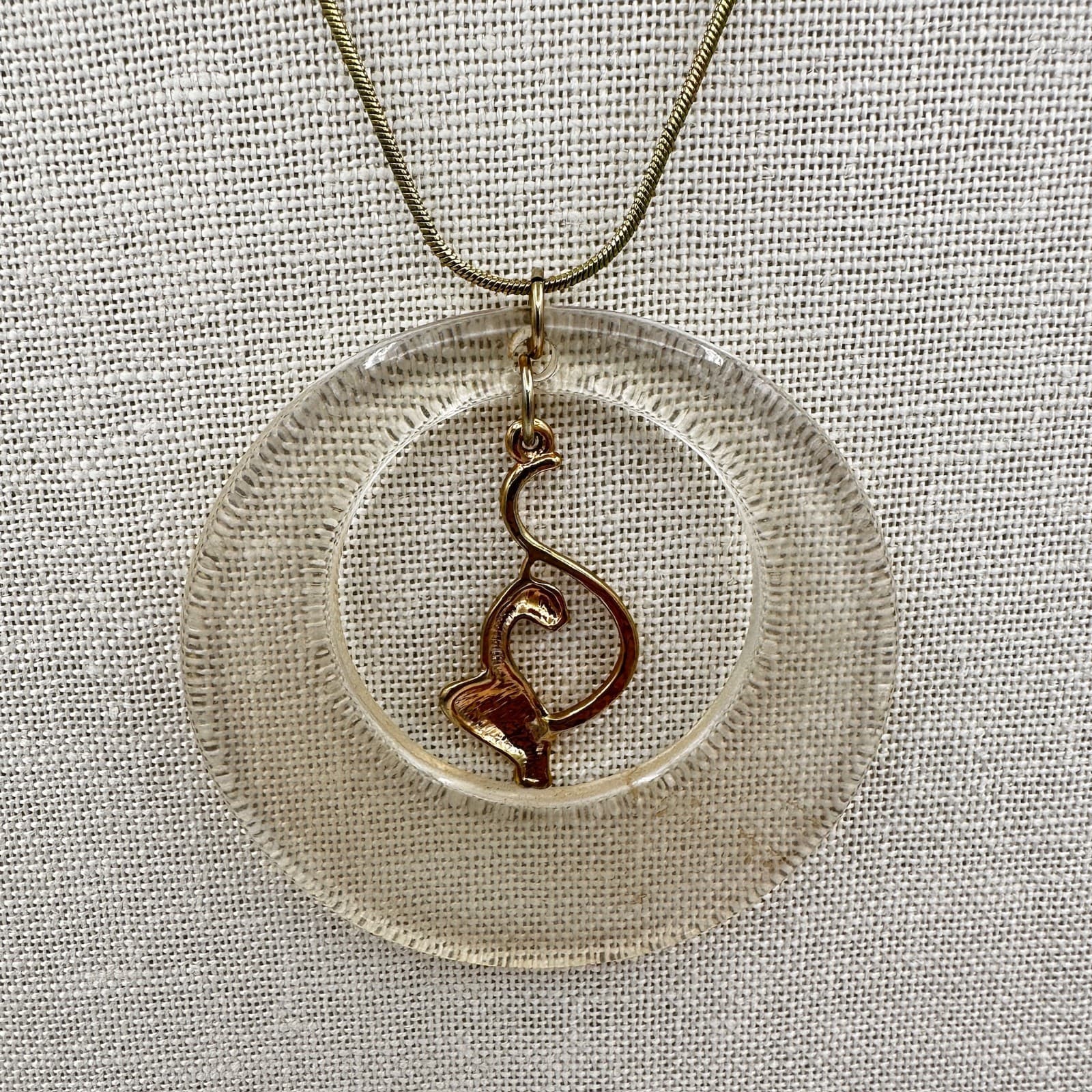 Vintage Clear Circle Pendant Necklace w/ Gold Flamingo Mid-Century Mod - Thumbnail 2